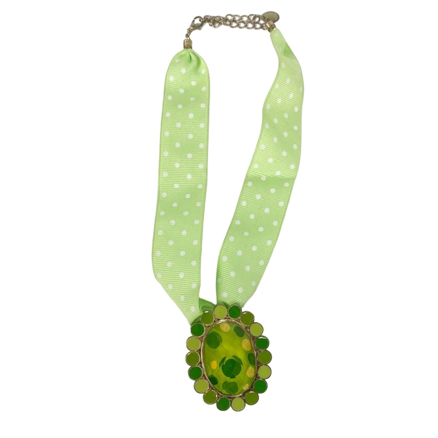 white polka dot & green 14" grosgrain ribbon pendant NECKLACE costume jewelry