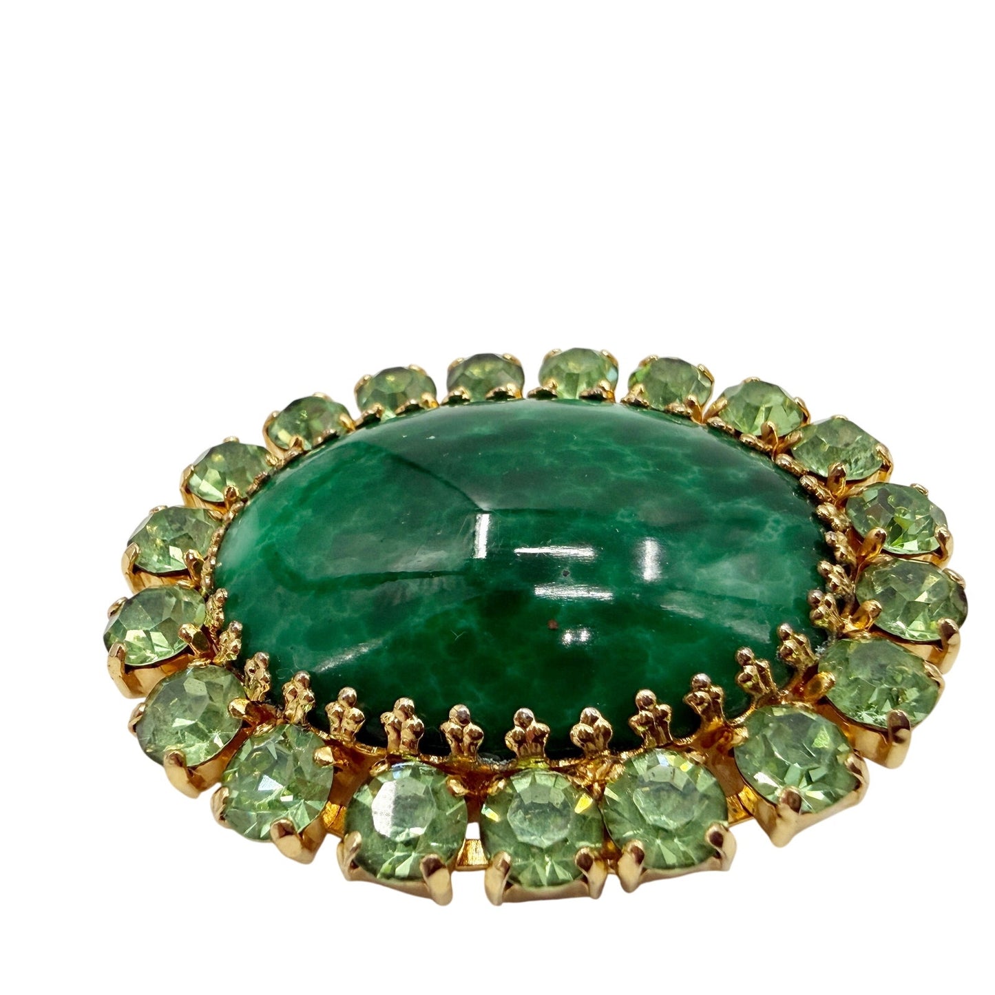 vintage green rhinestones stone & gold oval BROOCH costume jewelry pin