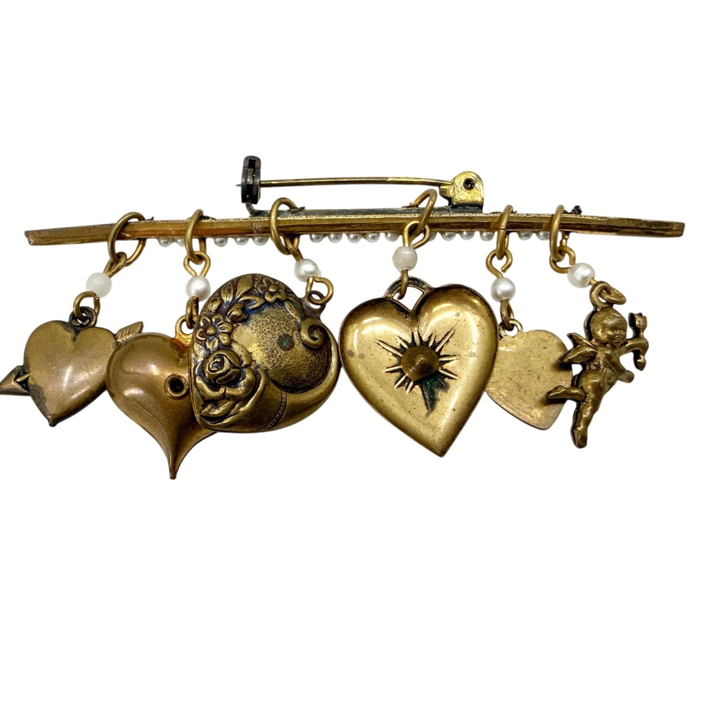 vintage antique gold & faux pearls Bar BROOCH hearts cupid jewelry pin