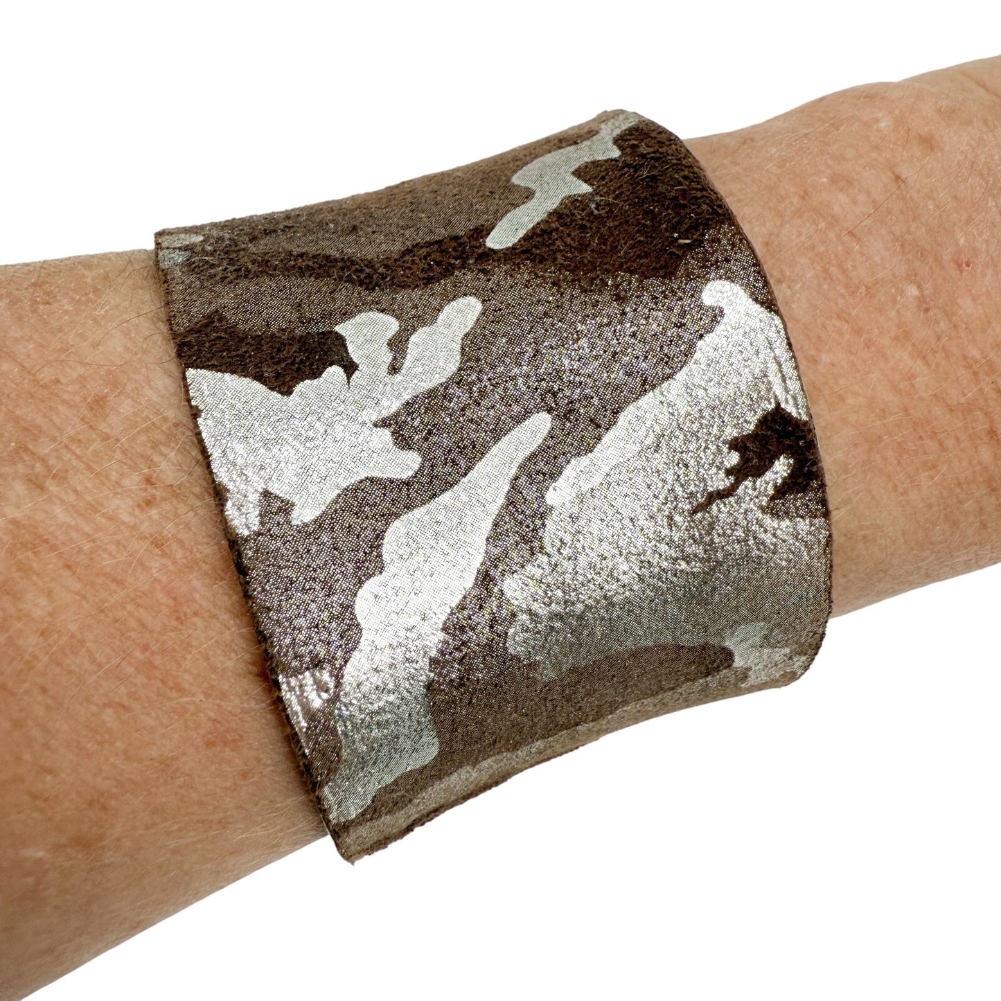 AV Max brown & silver leather wrapped Concave Cuff Bracelet camo jewelry NY