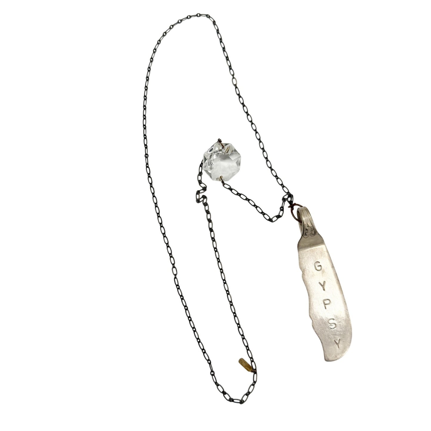 farrah b chain link Necklace large rhinestone vintage GYPSY knife pendant