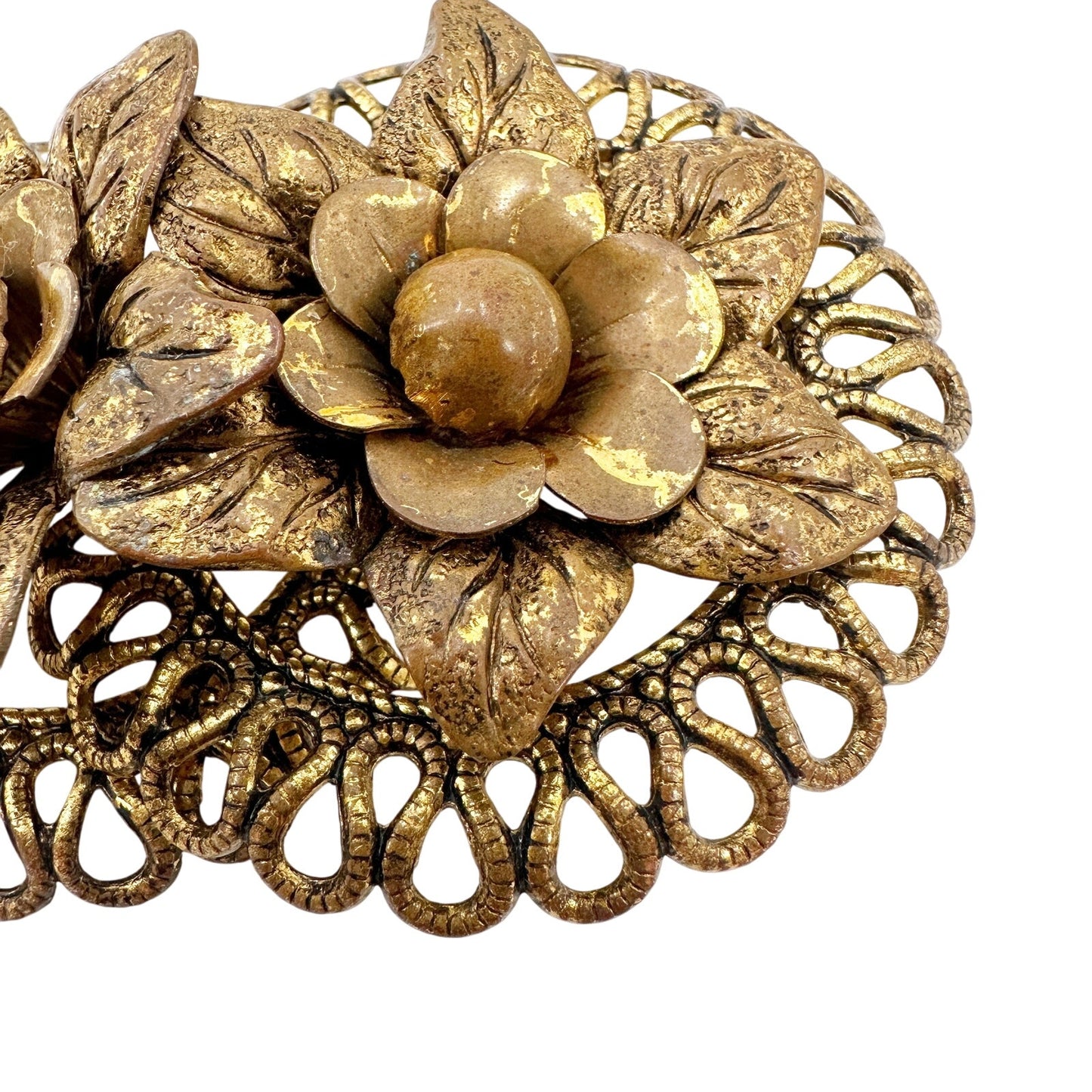 vintage double flowers bronze metal BROOCH floral jewelry pin