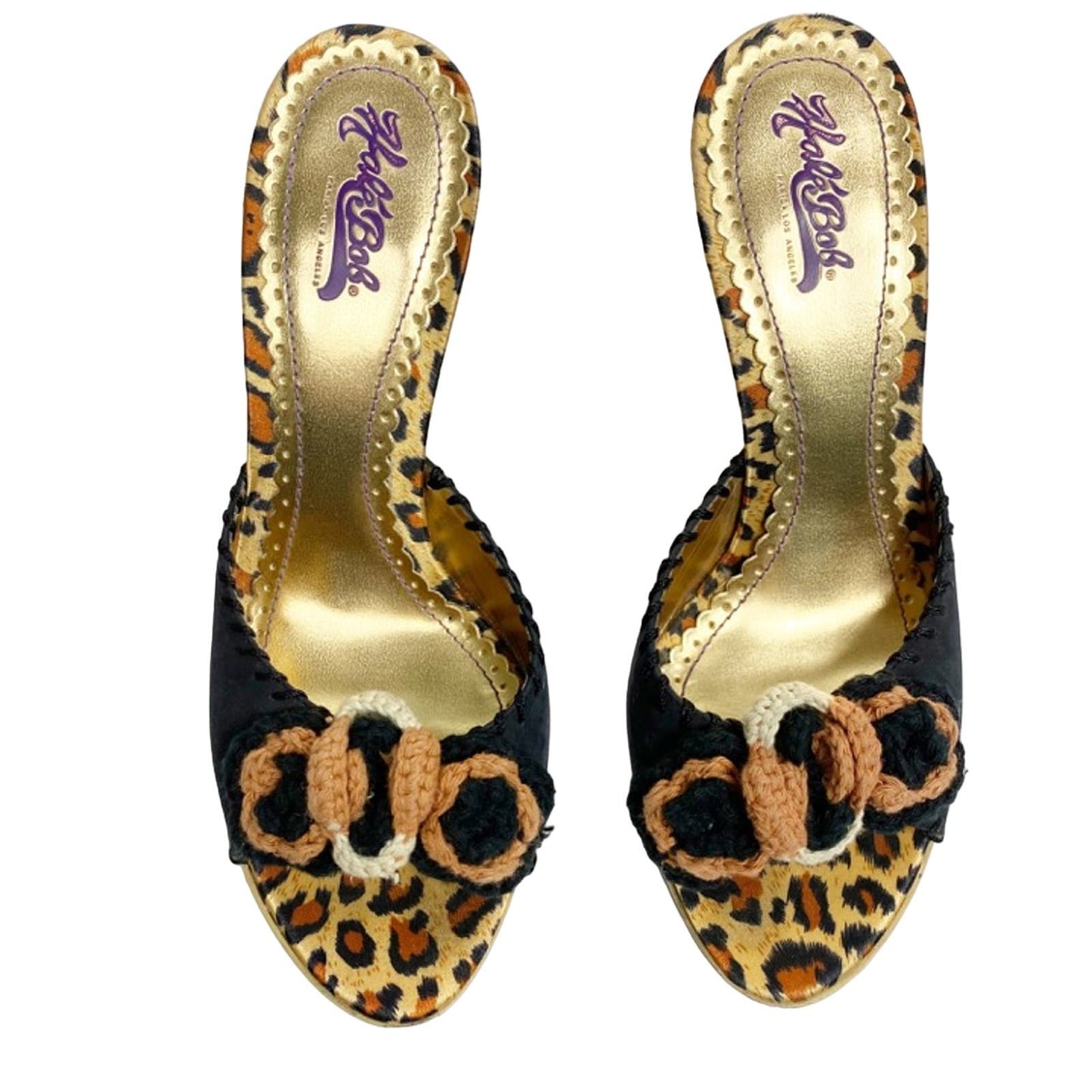 Hale Bob floral & leopard HEELS black brown crochet knit flowers size 7 M shoes
