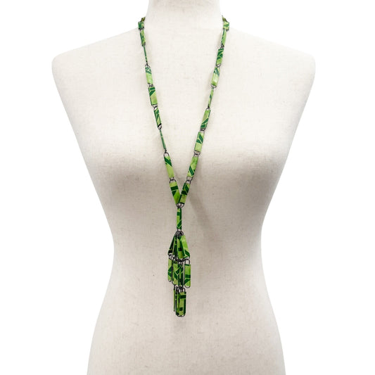 vintage dark & light green Paper Clip Tassel Necklace silver tone metal jewelry