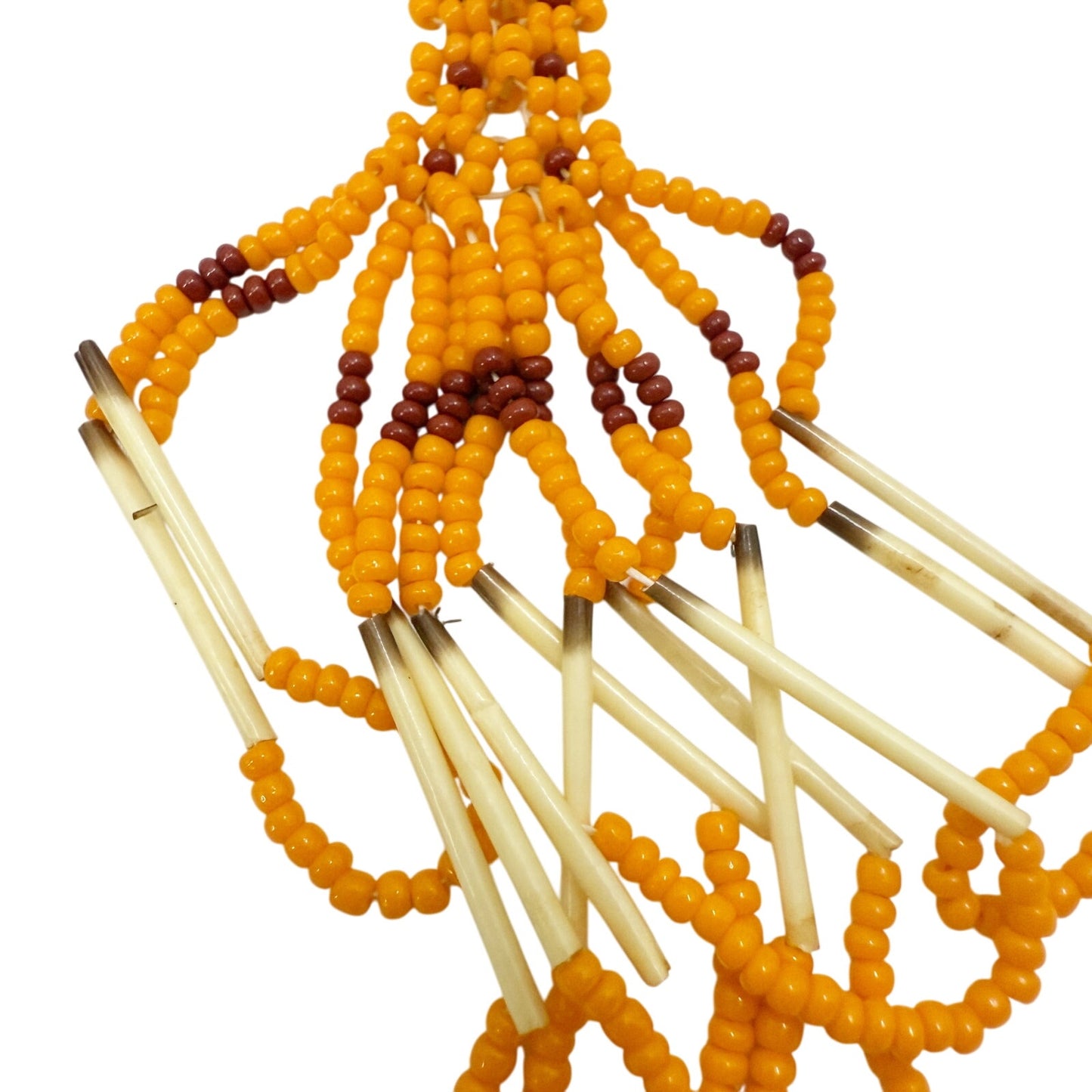 vintage orange & burgundy seed bead flowers Tassel Necklace porcupine quills