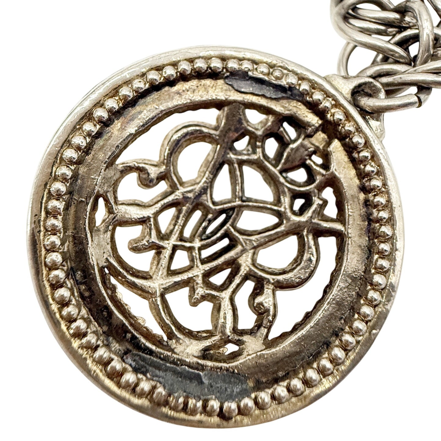 vintage double curb link chain Charm Bracelet silver tone metal large medallion