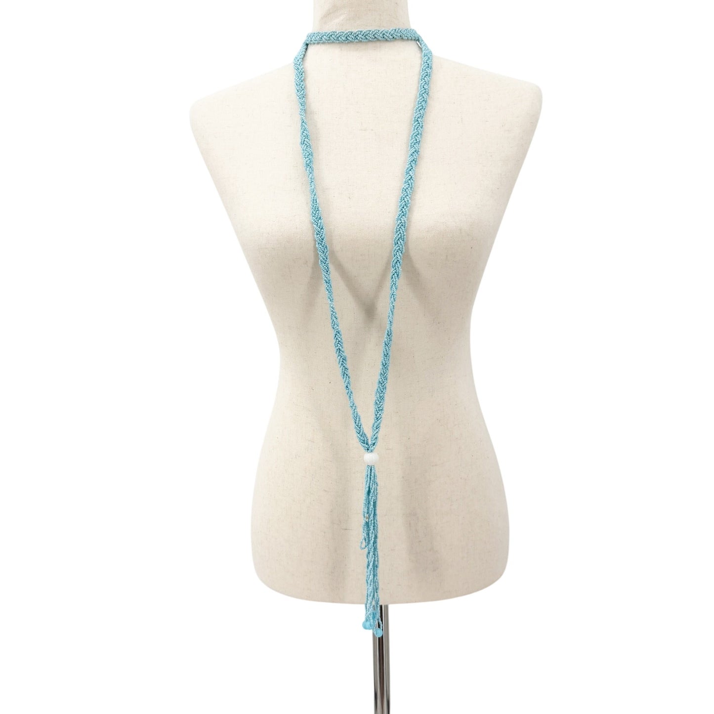 vintage Necklace of turquoise blue seed beads & tassel pendant long 28" drop