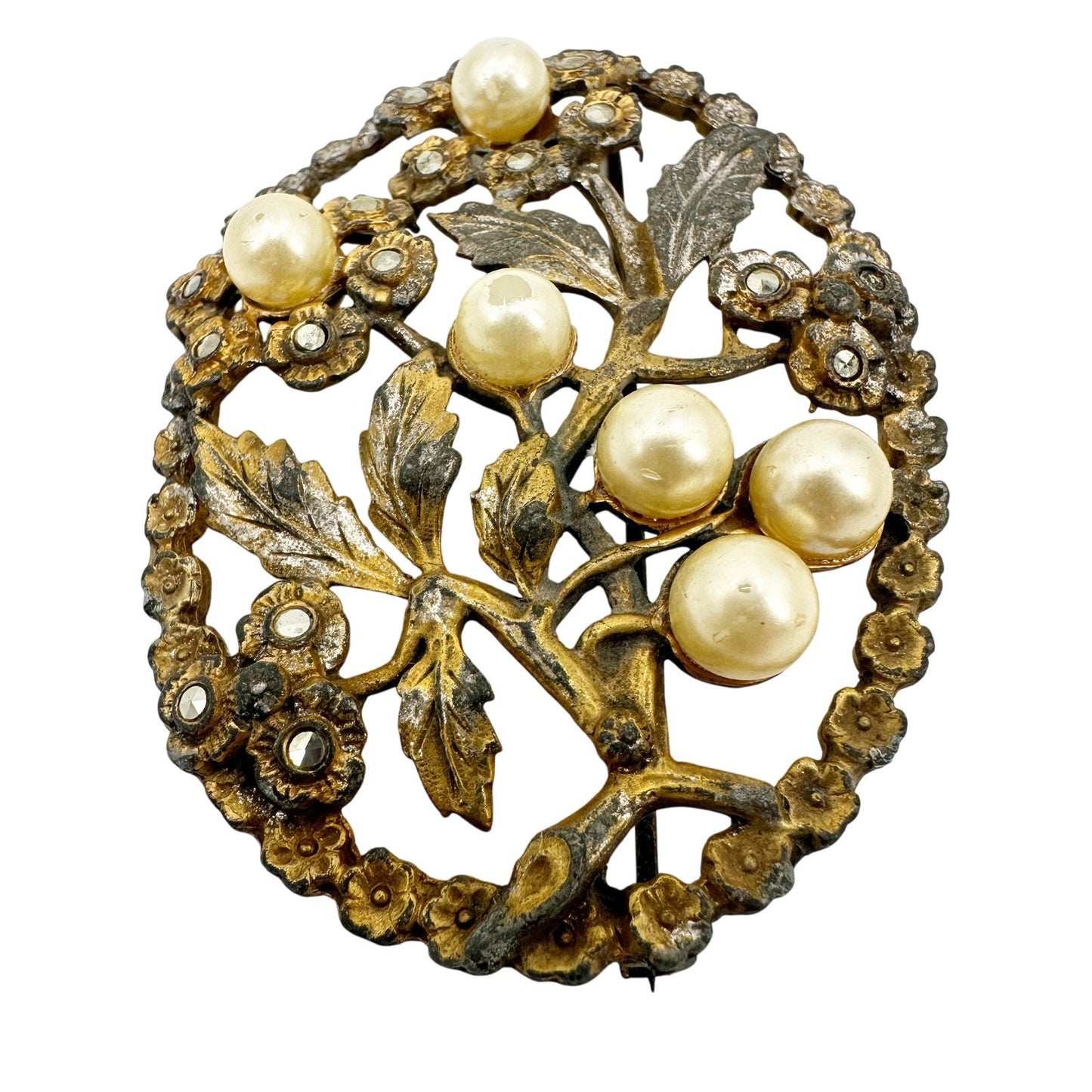 vintage gold metal faux pearls & rhinestones flower BROOCH floral jewelry pin