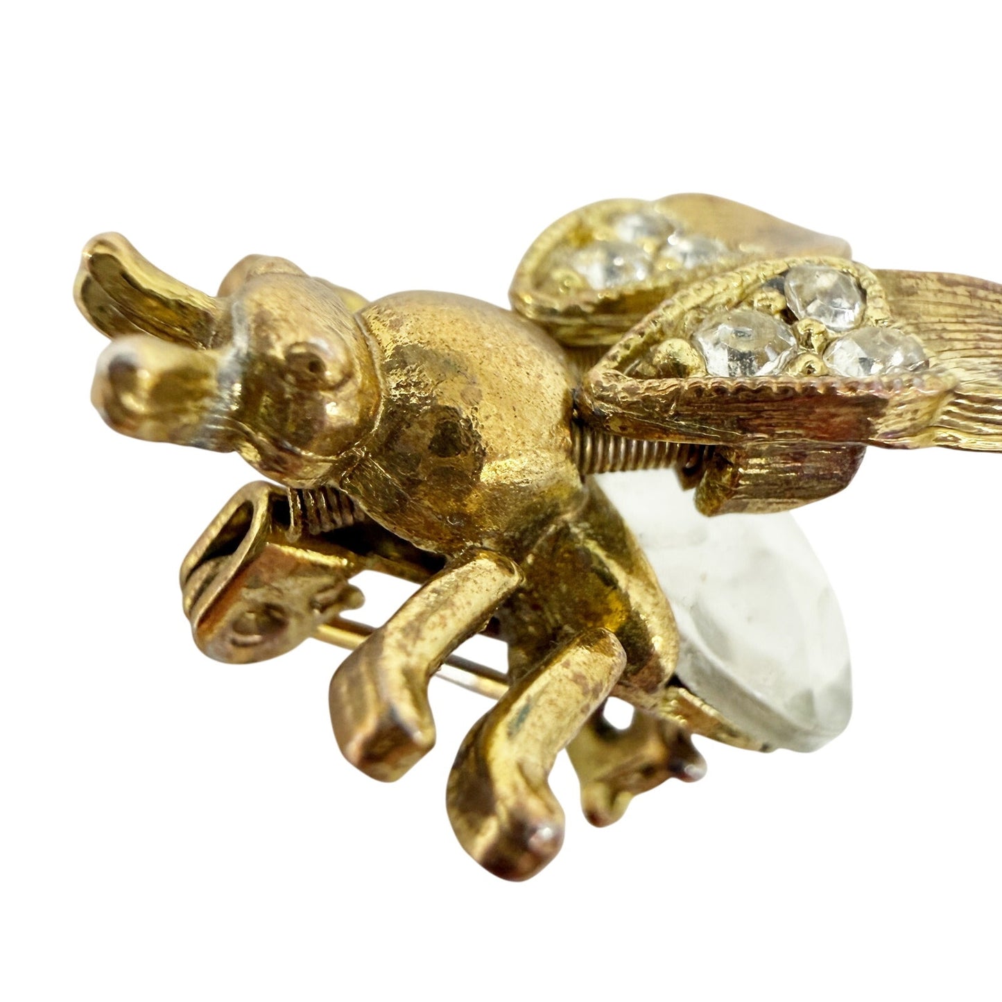 vintage antique gold tone Trembler Brooch flying insect jewelry pin rhinestones