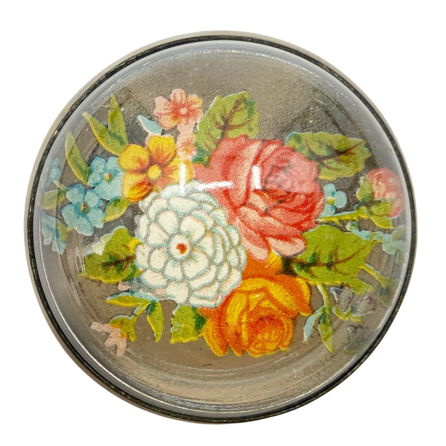 vintage Floral glass dome round metal BROOCH floral jewelry pin roses zinnias