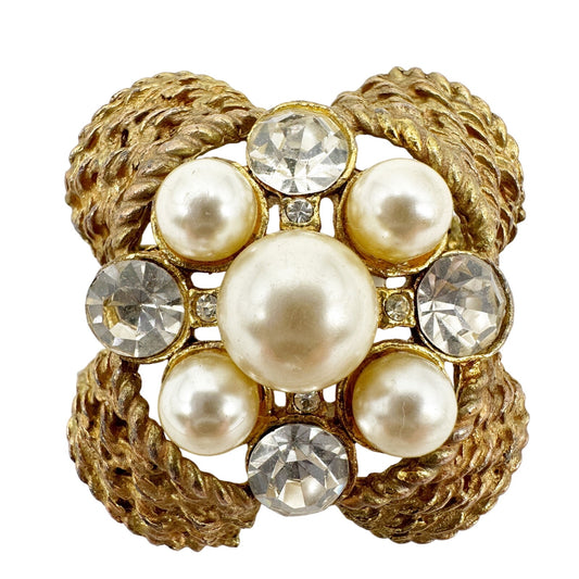 vintage gold faux pearls clear rhinestones BROOCH jewelry pin