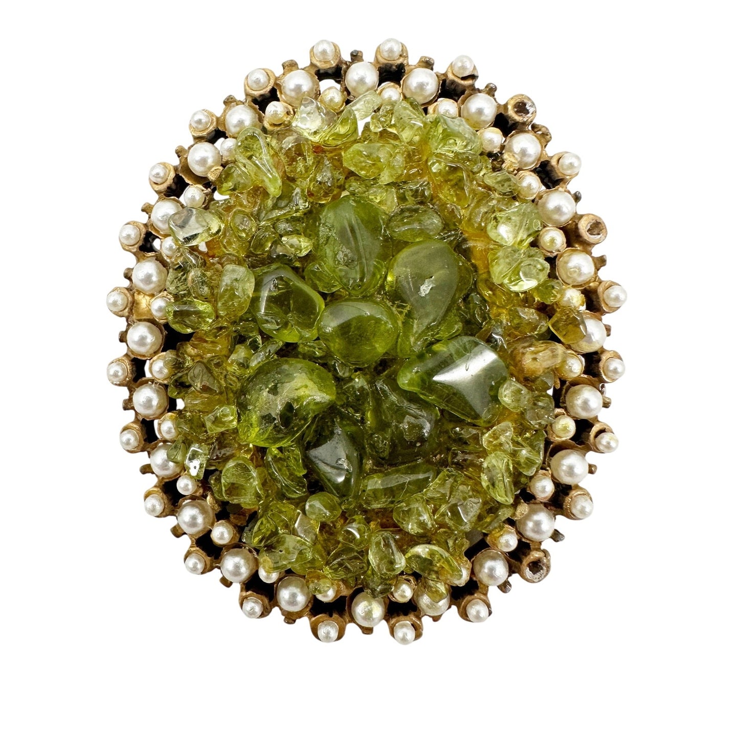 vintage faux pearls gold green stones BROOCH floral jewelry pin
