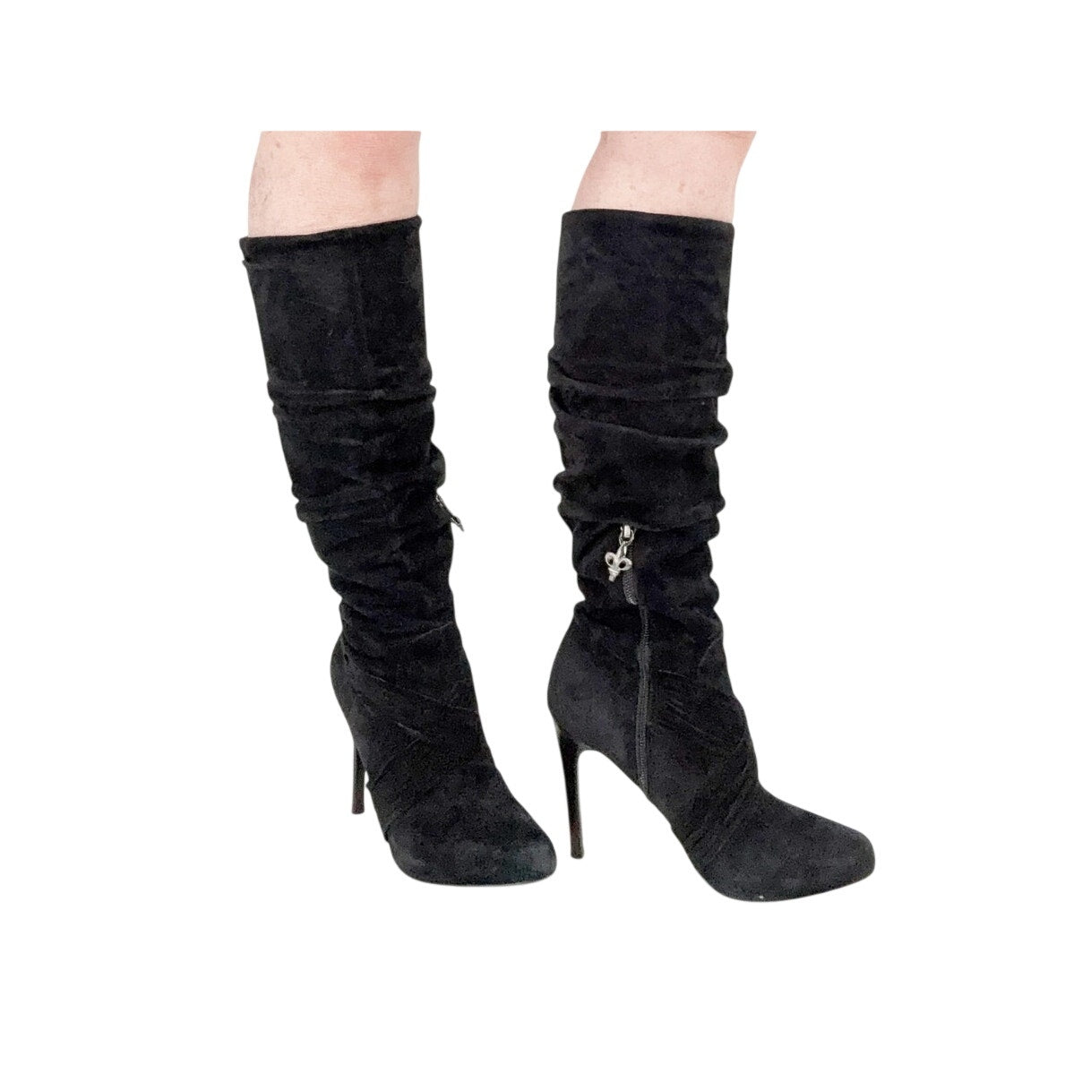 Donald J Pliner ETTA black leather suede BOOTS women's 7M knee high heels ruched