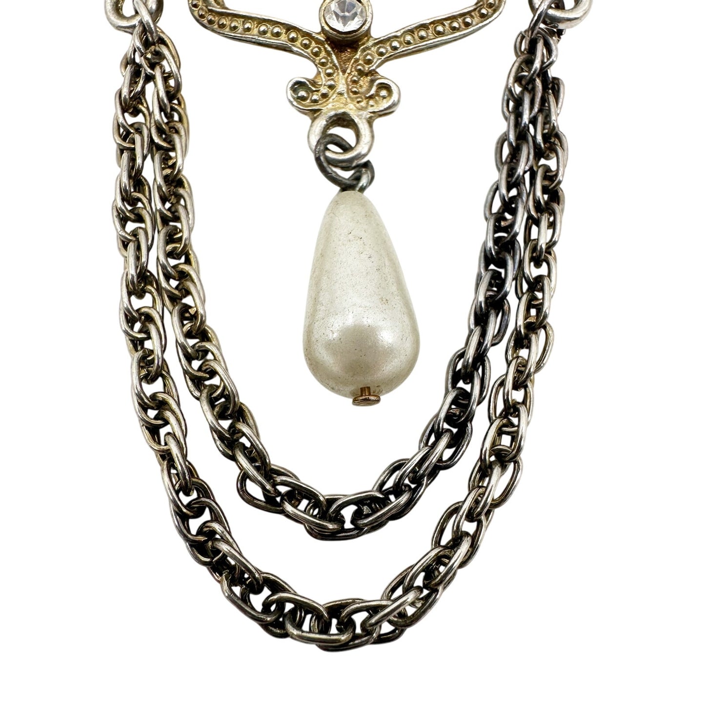 vintage silver metal rhinestones faux pearls BROOCH chain jewelry pin