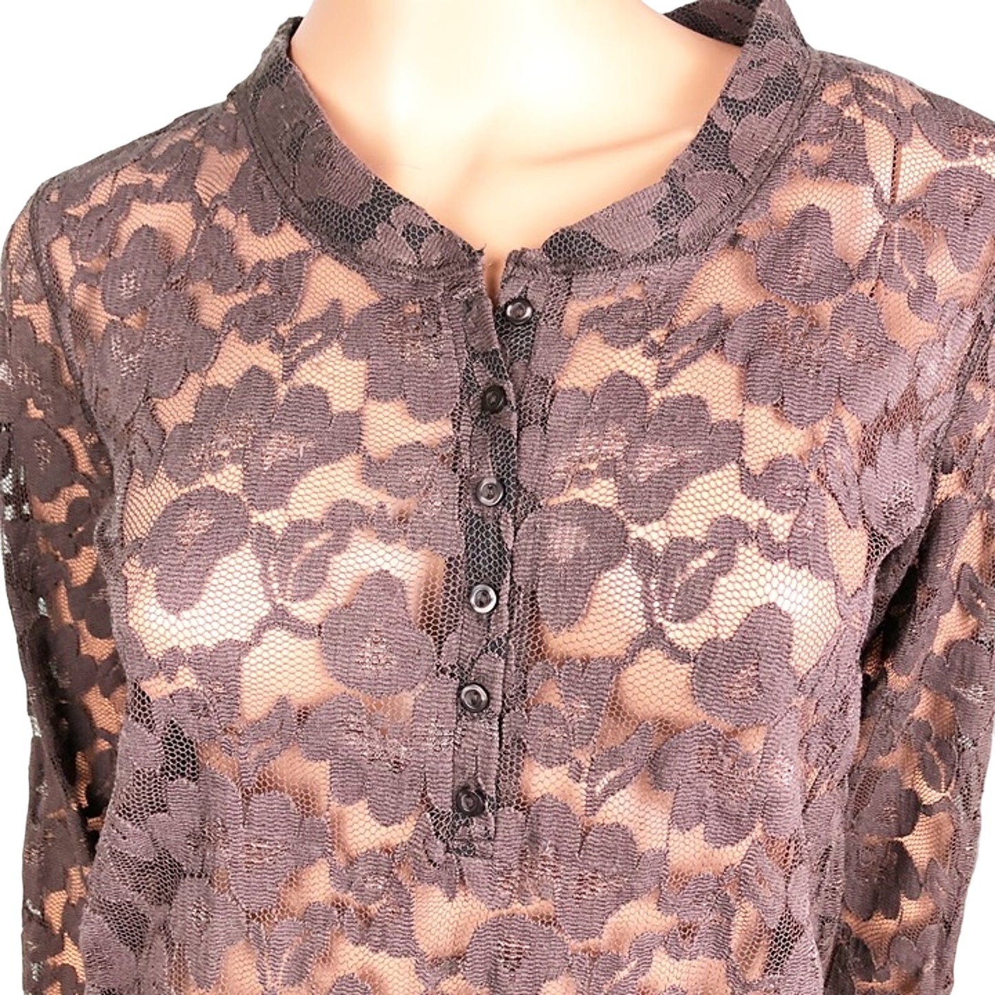SAGA dark brown LACE sheer blouse TOP long sleeves women's S small