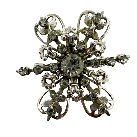vintage silver metal & clear rhinestones BROOCH jewelry pin