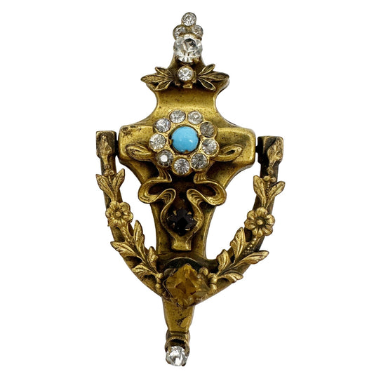 vintage CORO door knocker BROOCH antique gold metal rhinestones jewelry pin