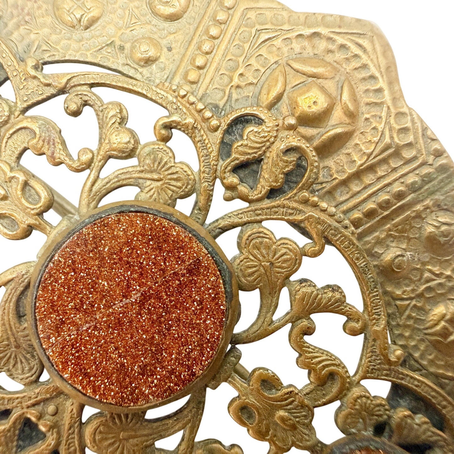 vintage brass metal shield medallion BROOCH dark orange goldstone jewelry pin