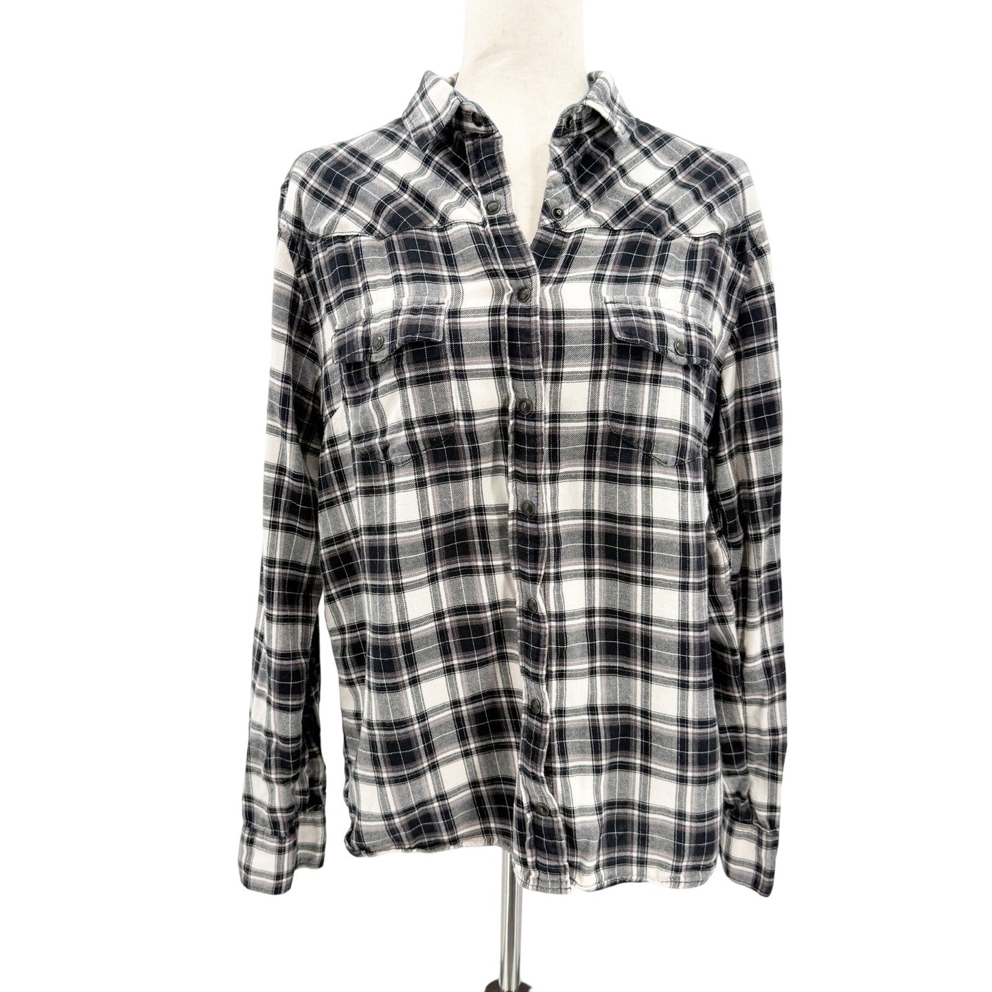 JACHS Girlfriend black white Bea Light Flannel Plaid Snap Front Shirt MEDIUM top