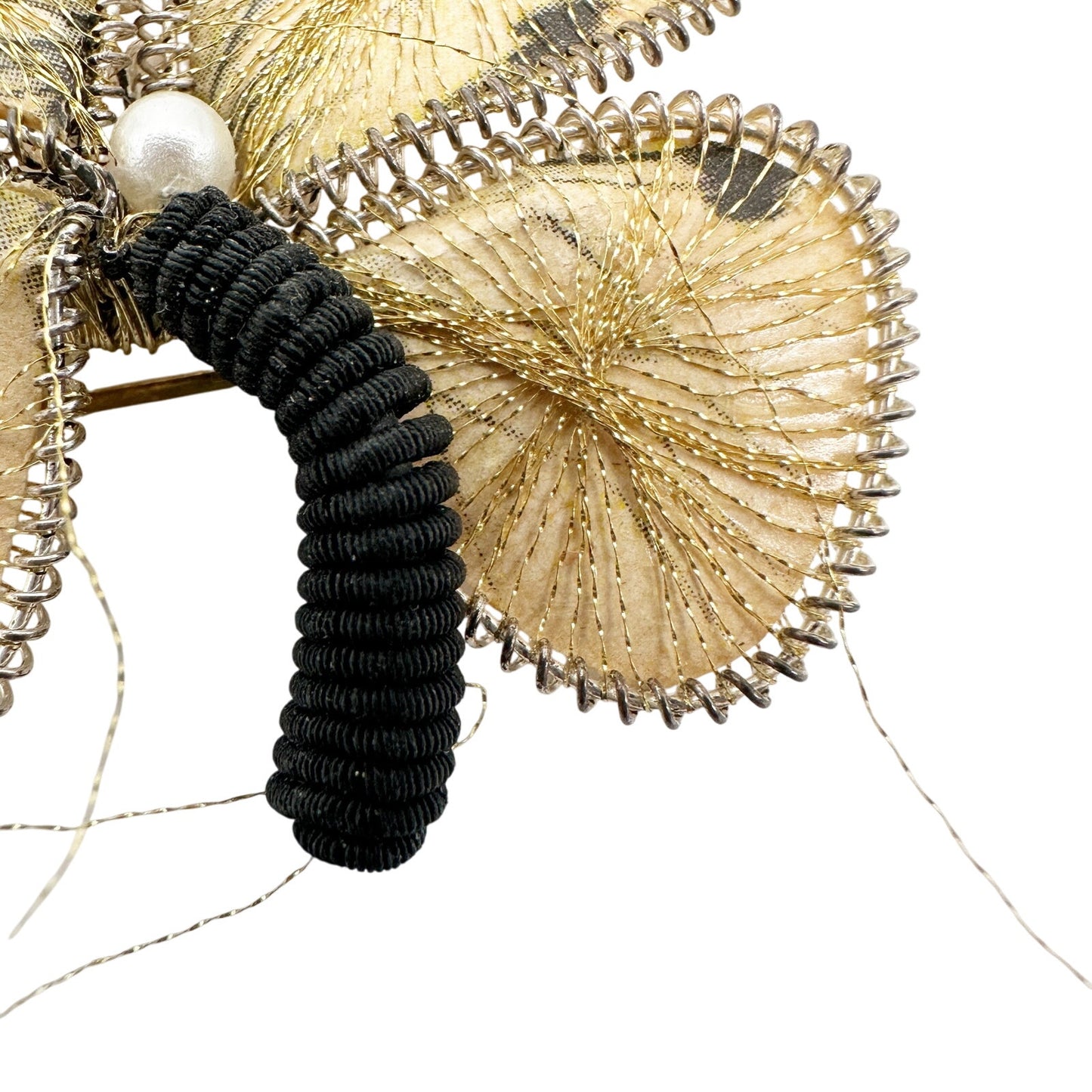vintage black cream & metallic gold threads Butterfly BROOCH jewelry pin
