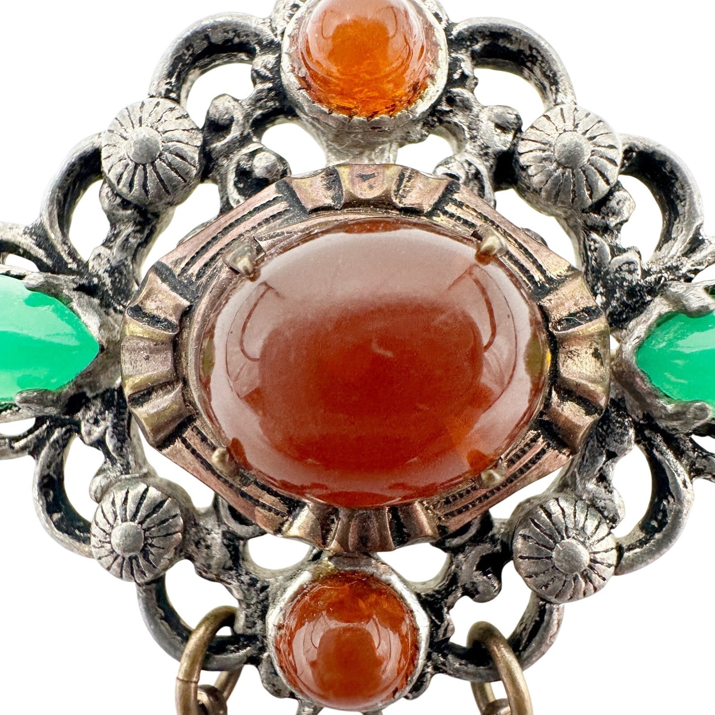 vintage orange green & silver BROOCH jewelry pin