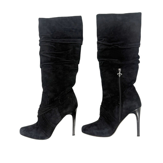 Donald J Pliner ETTA black leather suede BOOTS women's 7M knee high heels ruched