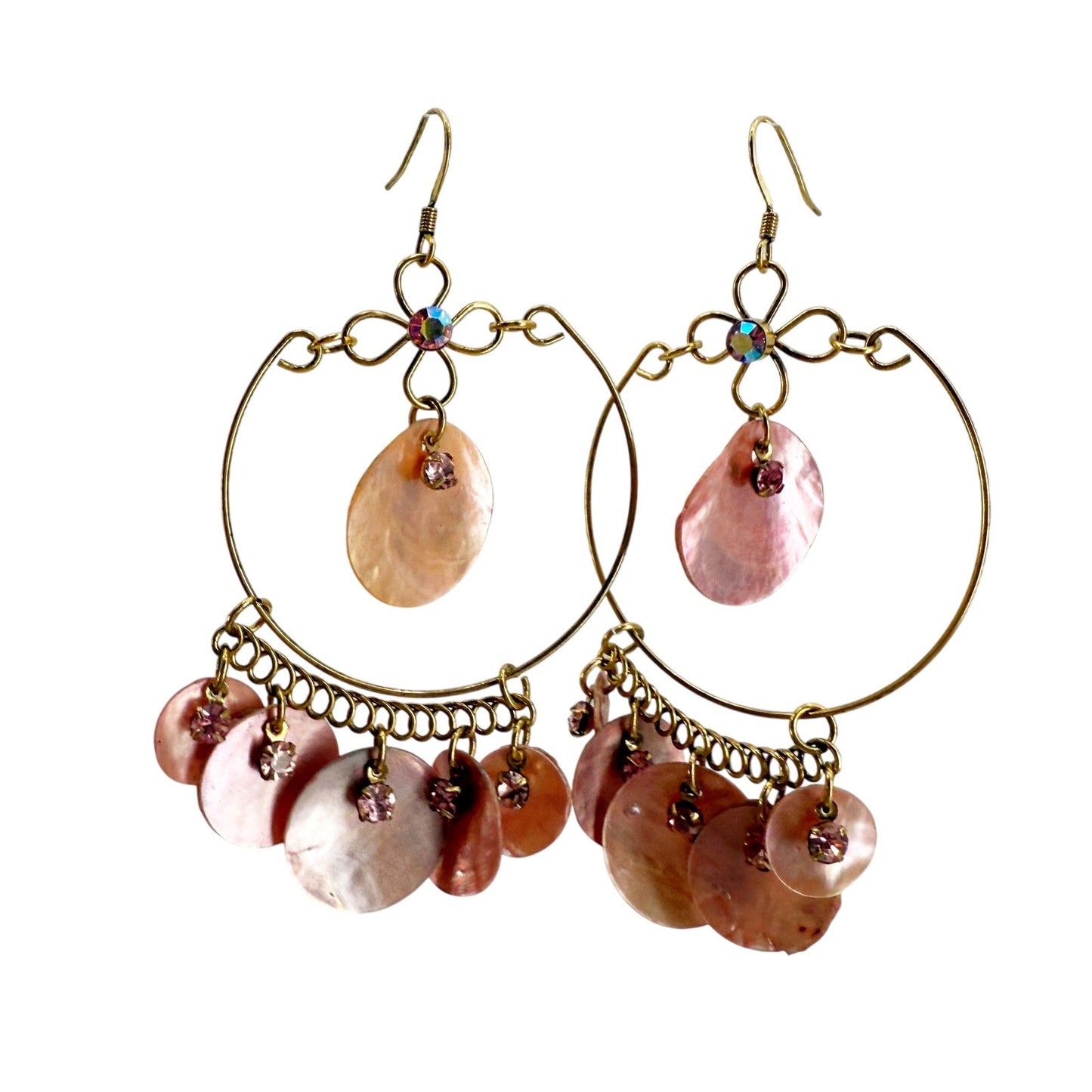 vintage BOHO gold pink shimmer shells rhinestones hook dangle EARRINGS jewelry