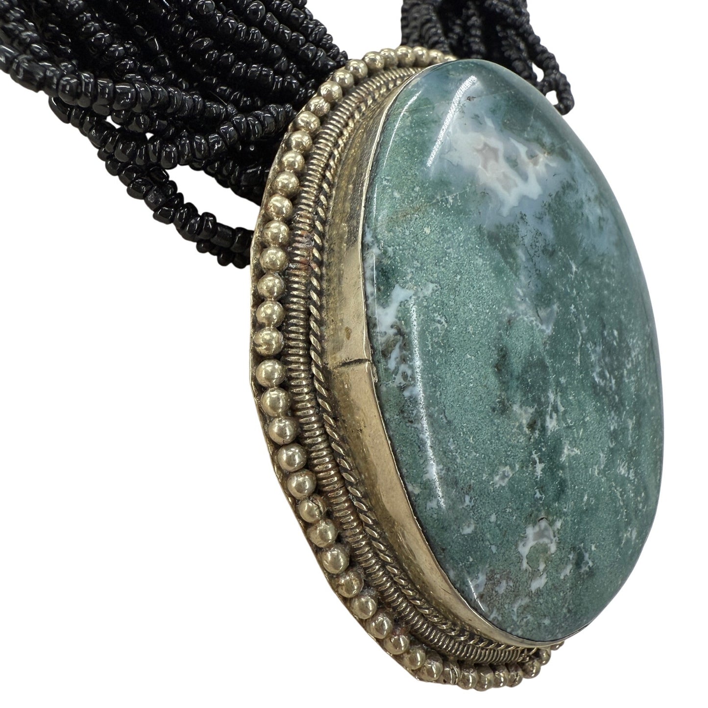 multi-strand black seed bead Necklace moss agate oval Pendant beaded strands