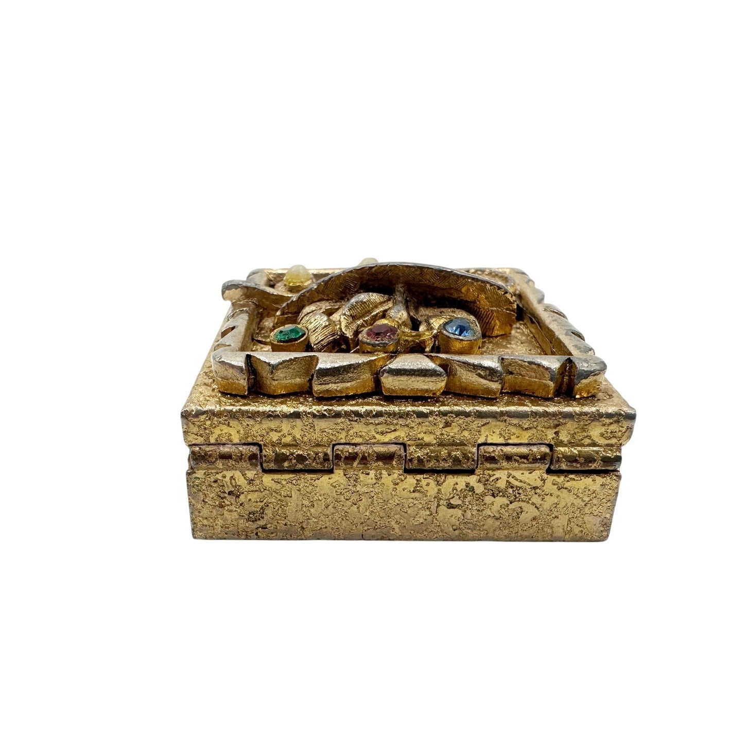 vintage gold tone metal Pill Box small size 1.5" square wheelbarrow & flowers