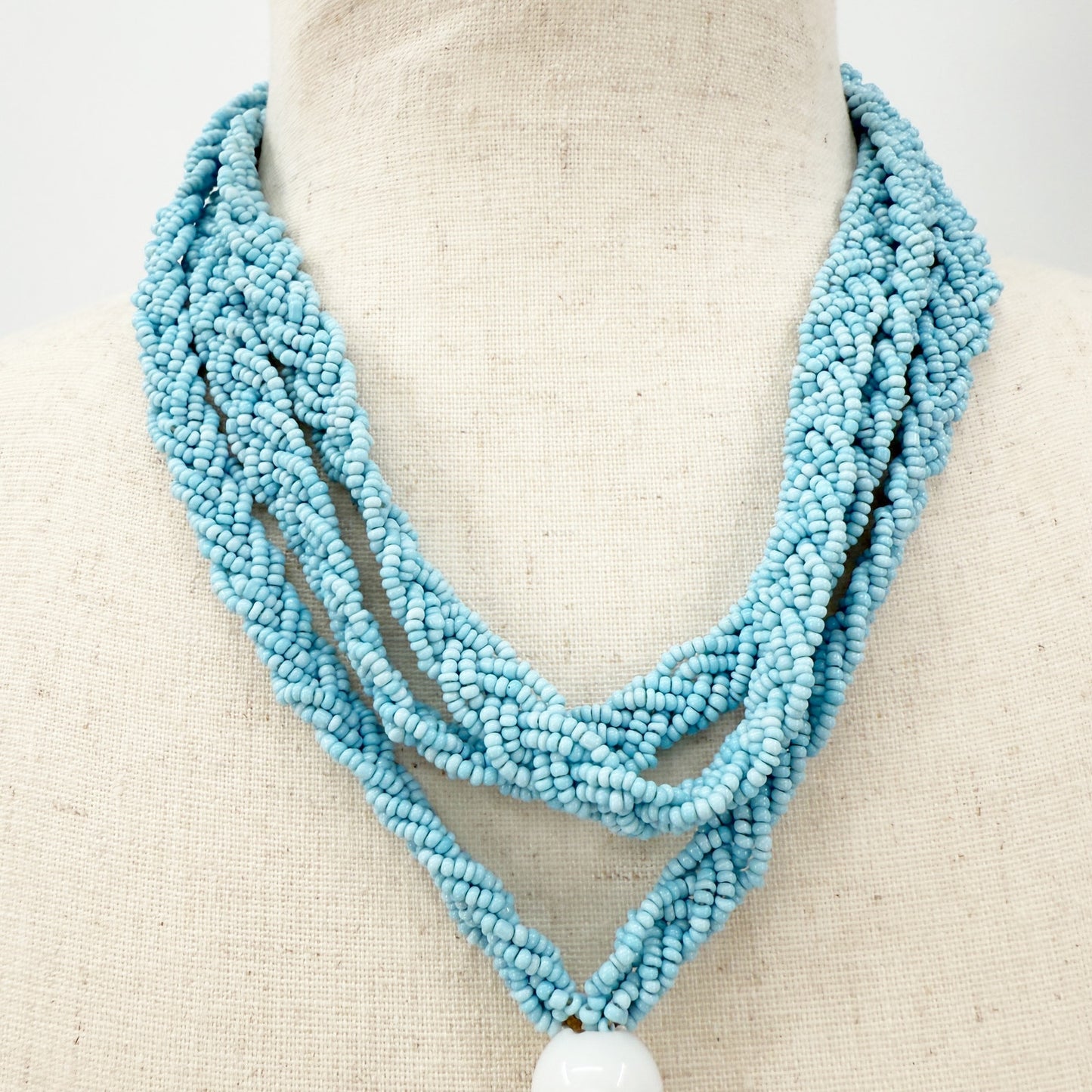 vintage Necklace of turquoise blue seed beads & tassel pendant long 28" drop