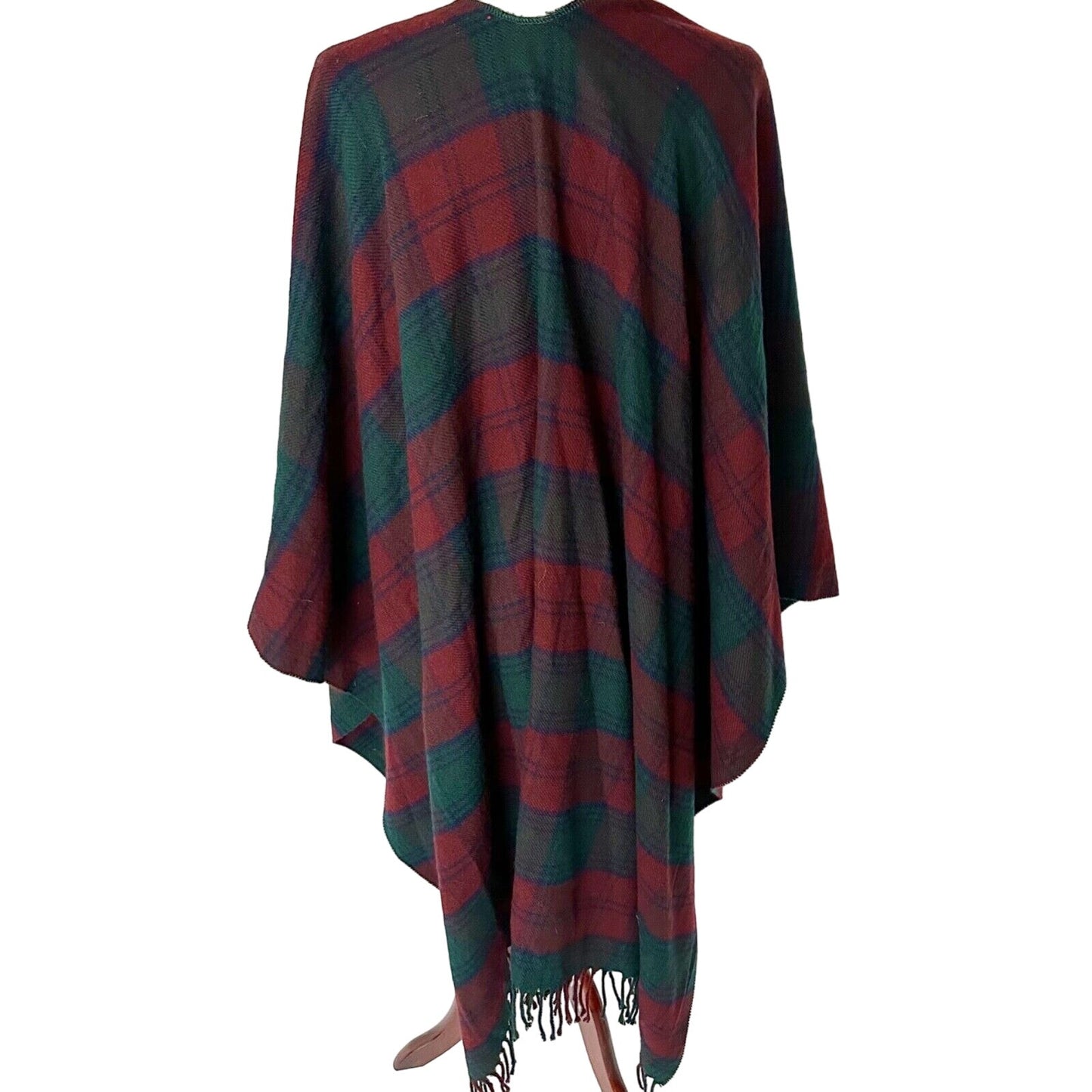 Tie Rack green red blue plaid fringe RUANA open front poncho OS made in Italy