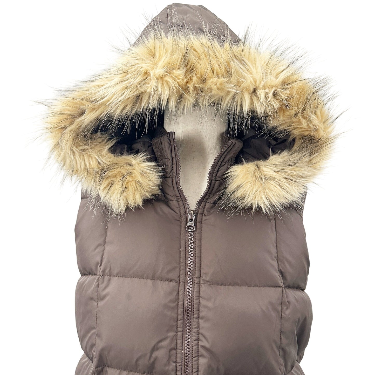 Old Navy Maternity brown puffer VEST faux fur hood size SMALL