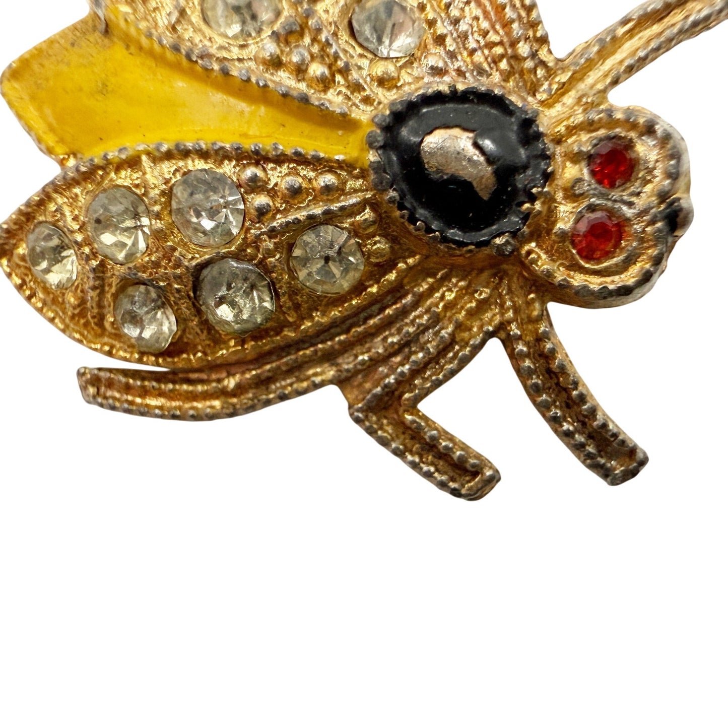 vintage gold yellow black enamel Flying Insect Brooch jewelry pin rhinestones