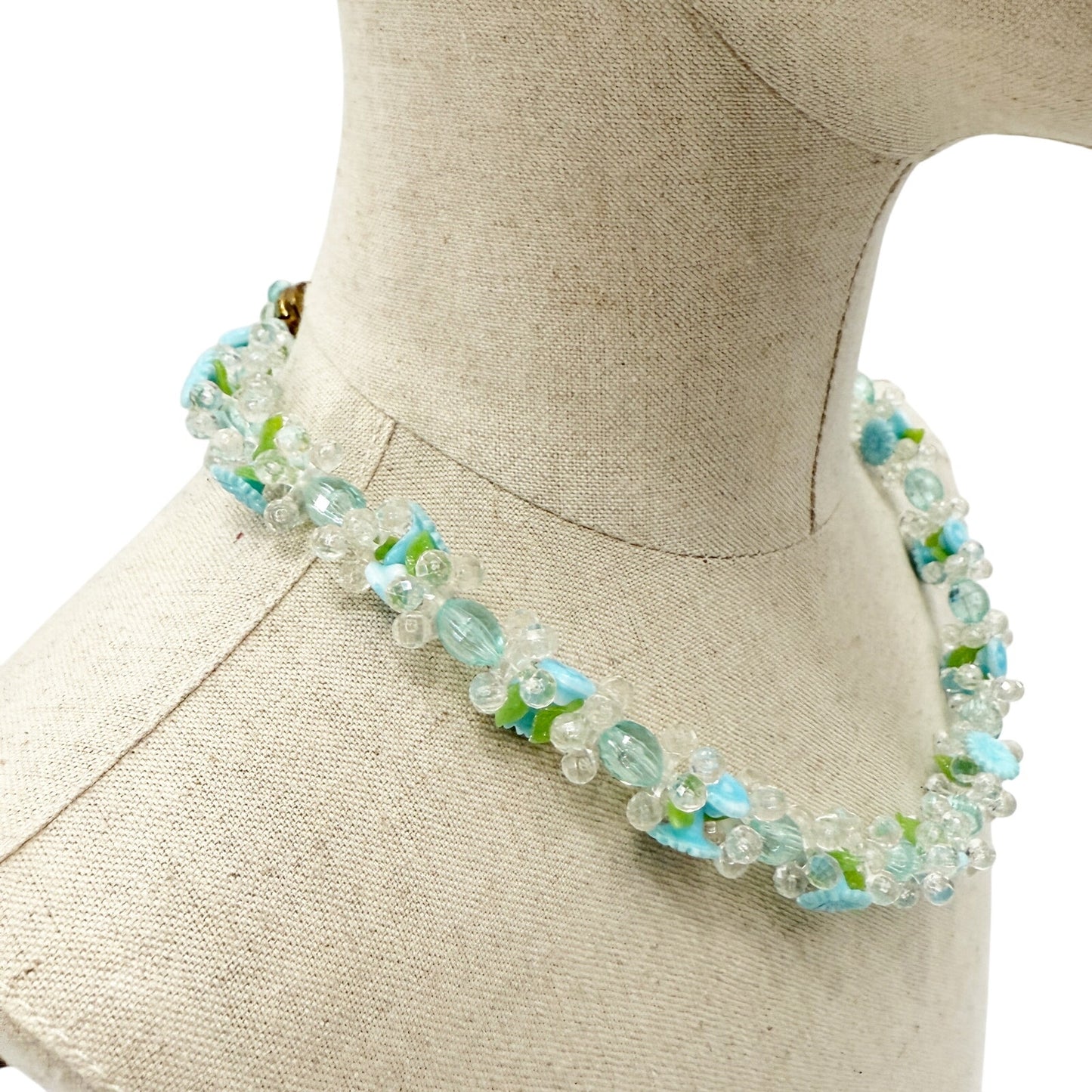 vintage West Germany beaded floral Necklace blue green clear costume jewelry