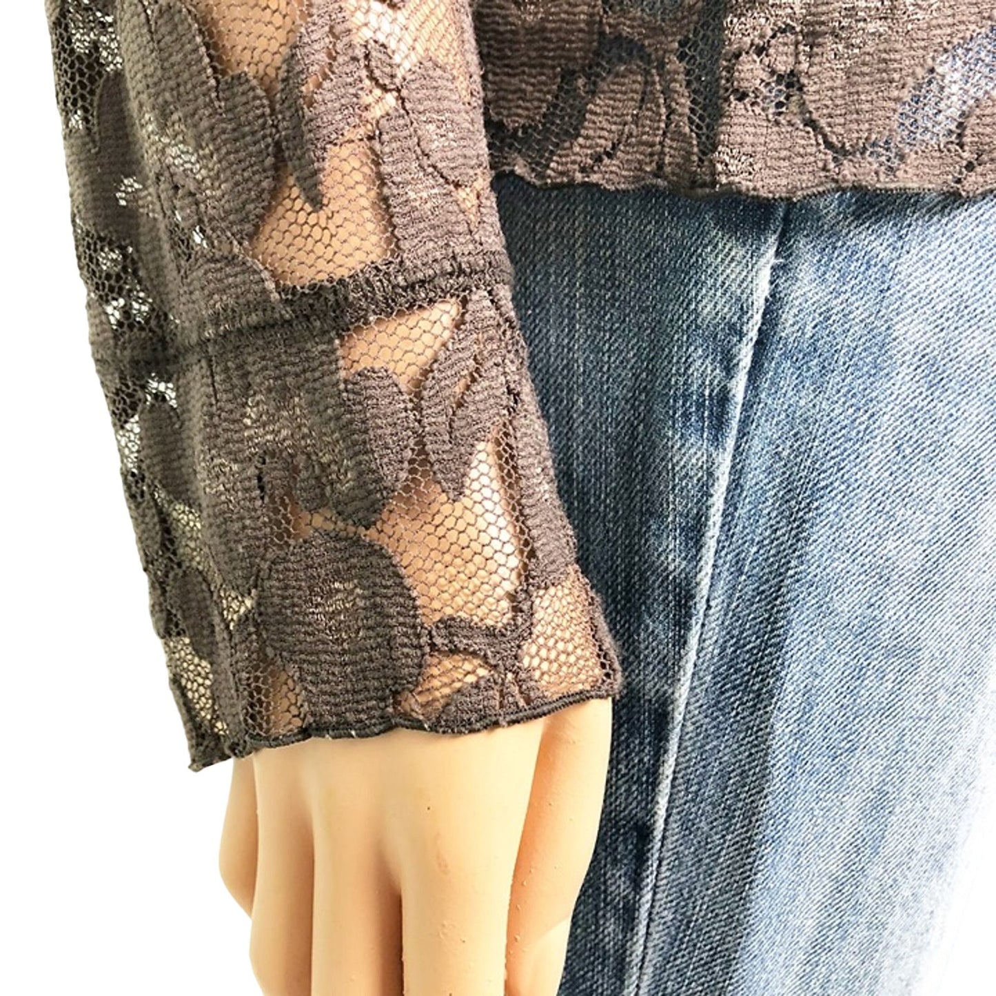 SAGA dark brown LACE sheer blouse TOP long sleeves women's S small