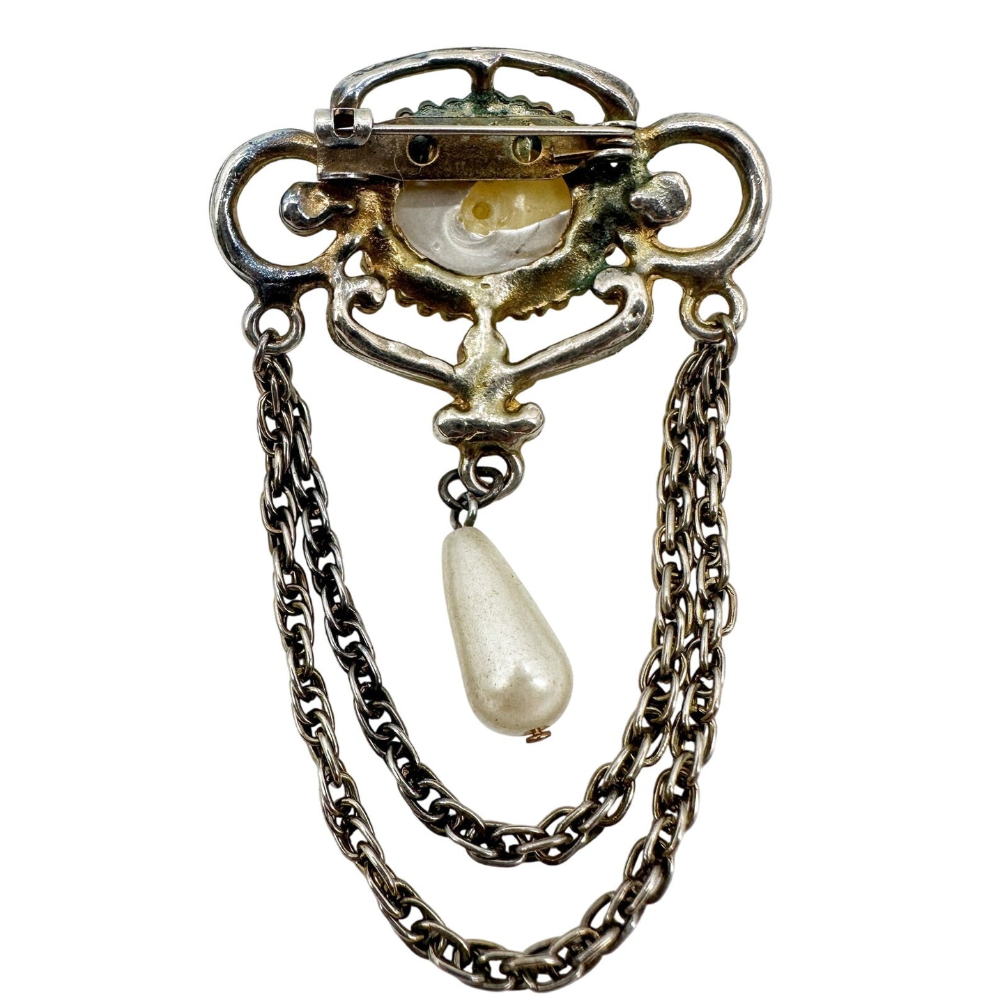 vintage silver metal rhinestones faux pearls BROOCH chain jewelry pin
