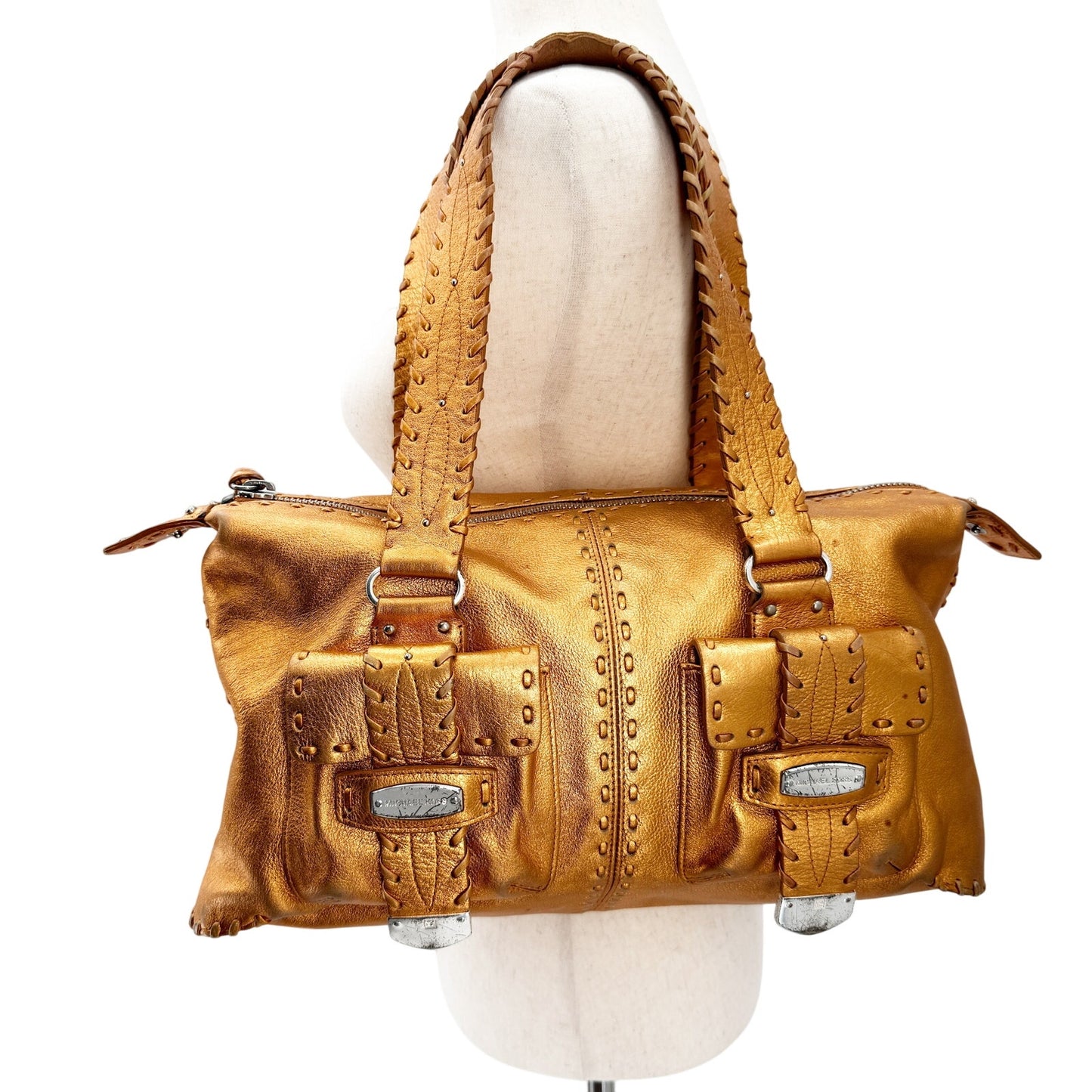 Michael Kors metallic orange leather whipstitch HANDBAG bag top handle purse