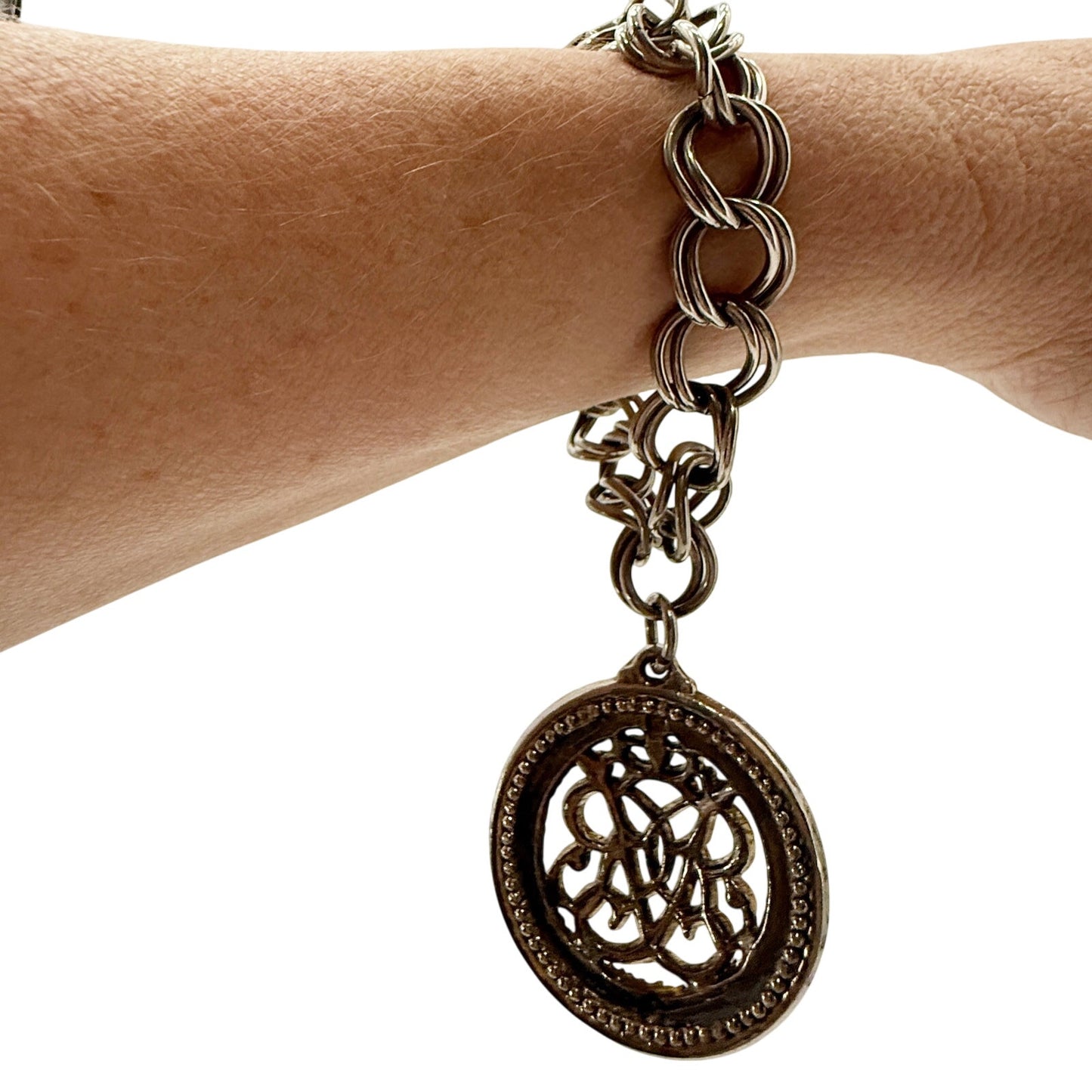 vintage double curb link chain Charm Bracelet silver tone metal large medallion