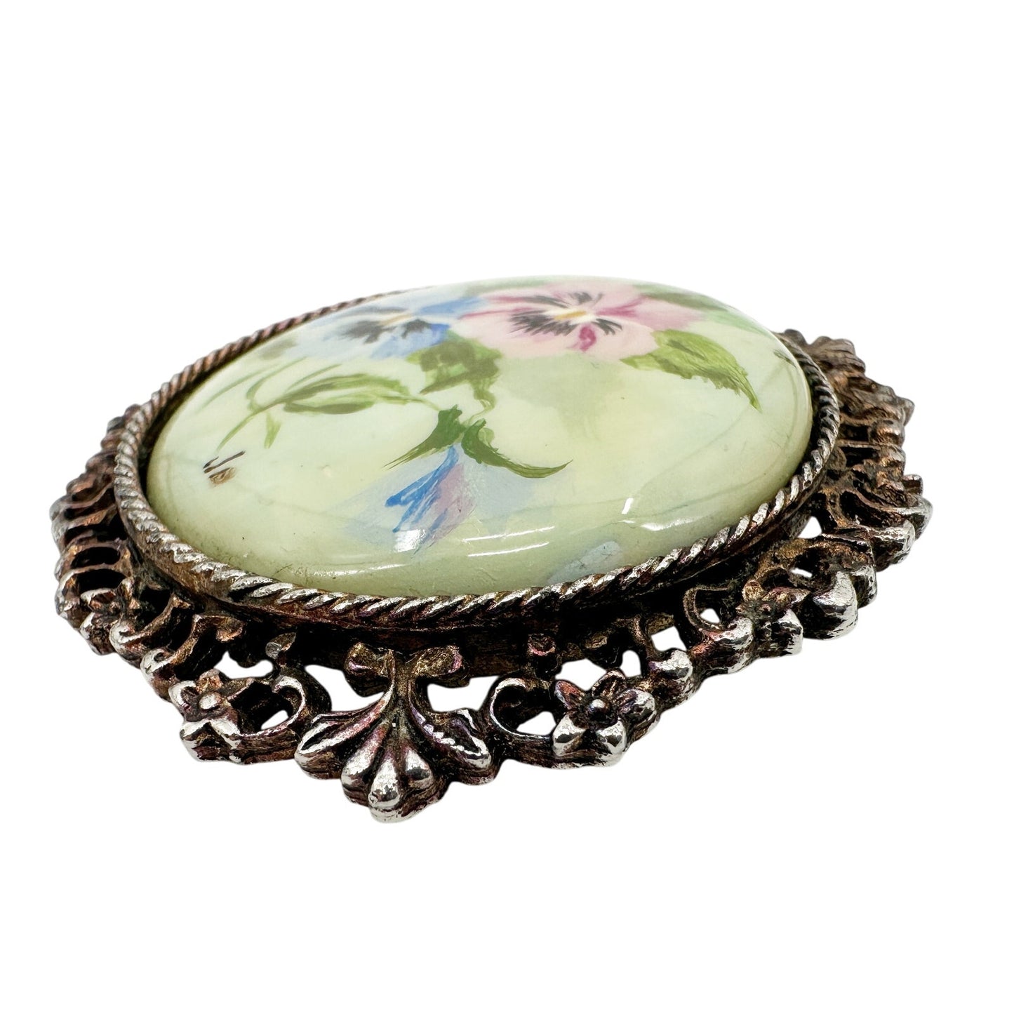 vintage pink blue pansy flowers metal cameo BROOCH pendant floral jewelry pin