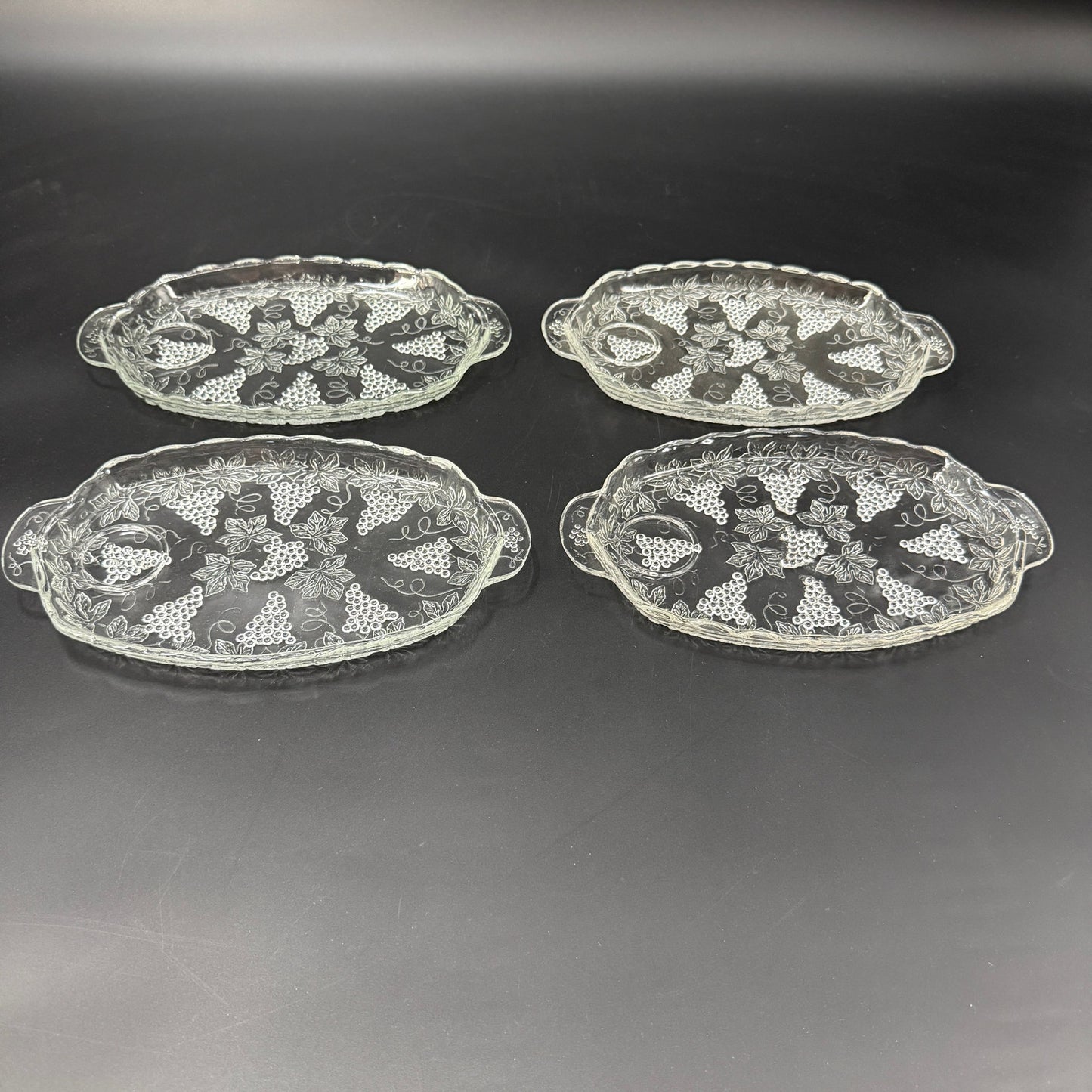 set of 4 vintage Anchor Hocking Vintage Clear Snack Plates grape clusters leaves