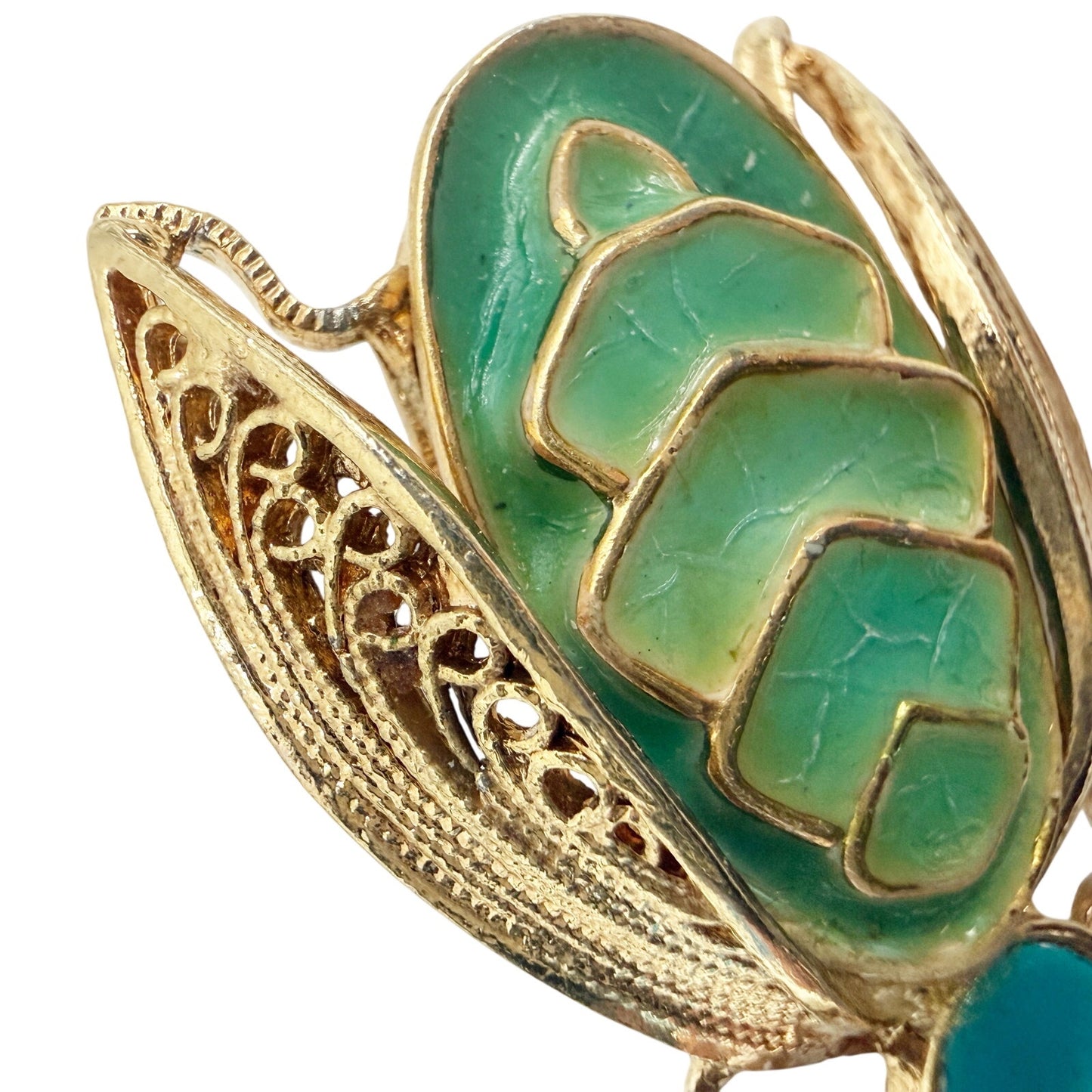 vintage blue green enamel gold filigree Bug BROOCH insect costume jewelry pin
