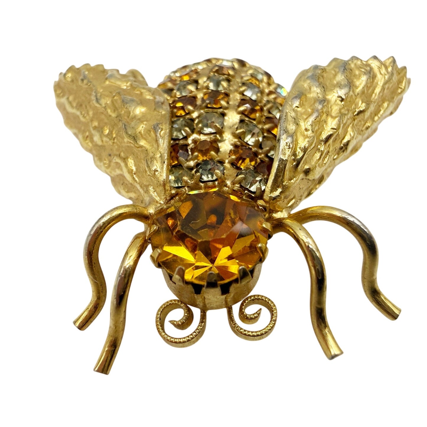 vintage gold Honey Bee bug BROOCH insect jewelry pin clear topaz rhinestones