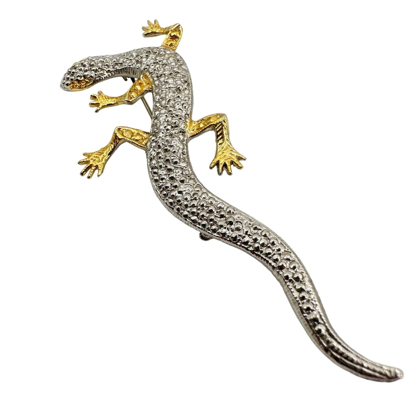 vintage gold & silver gecko lizard BROOCH reptile jewelry pin