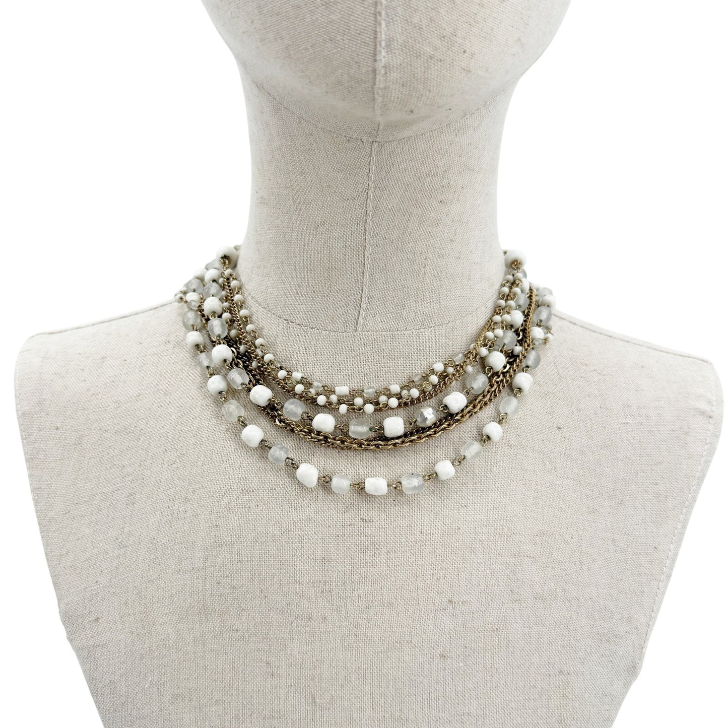 vintage multi-strand white beads & gold chain Choker Necklace costume jewelry