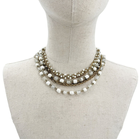 vintage multi-strand white beads & gold chain Choker Necklace costume jewelry