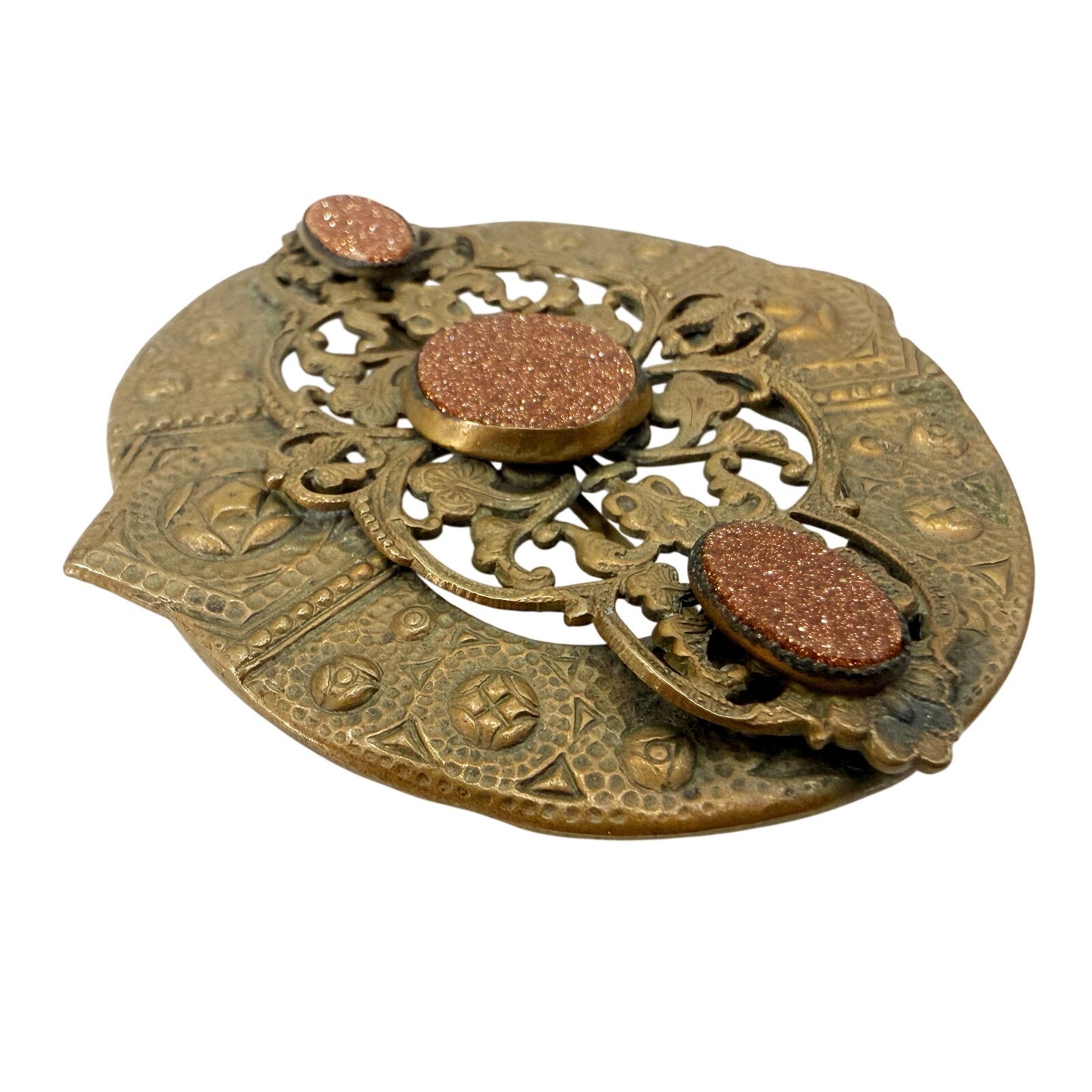 vintage brass metal shield medallion BROOCH dark orange goldstone jewelry pin