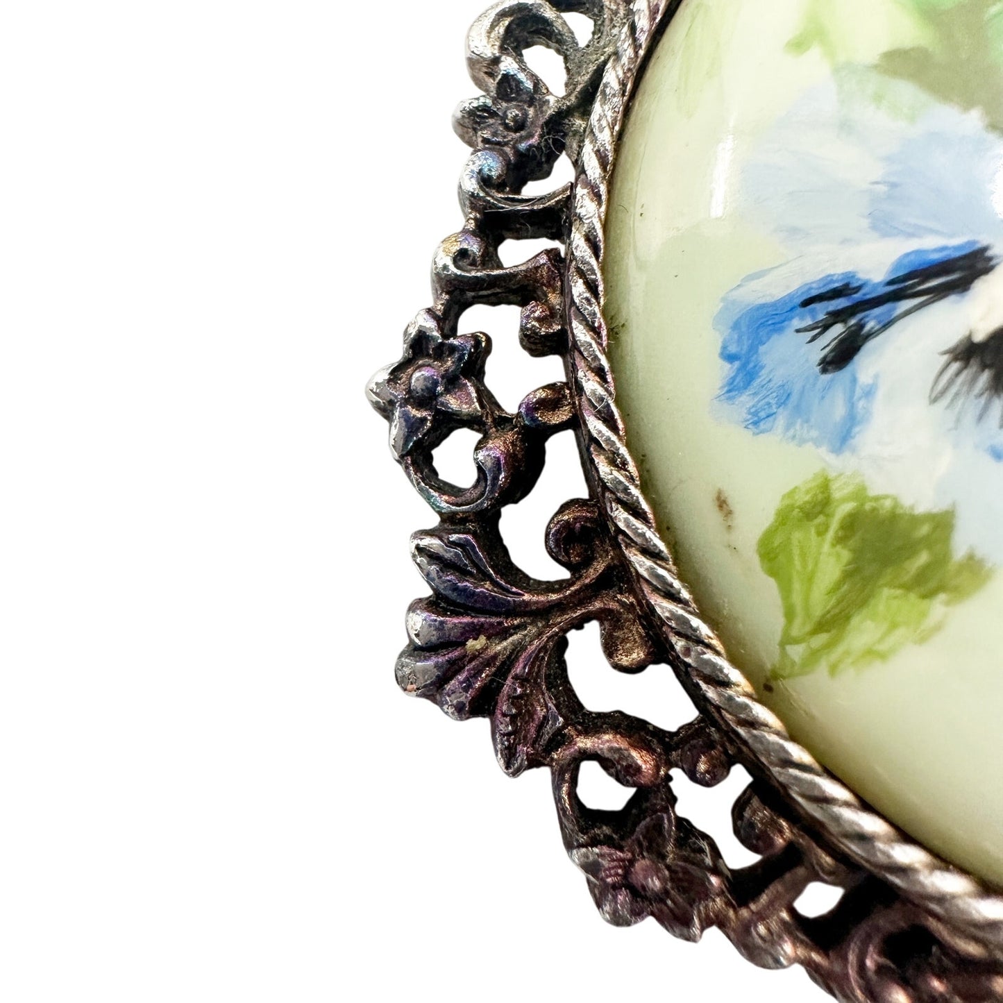 vintage pink blue pansy flowers metal cameo BROOCH pendant floral jewelry pin