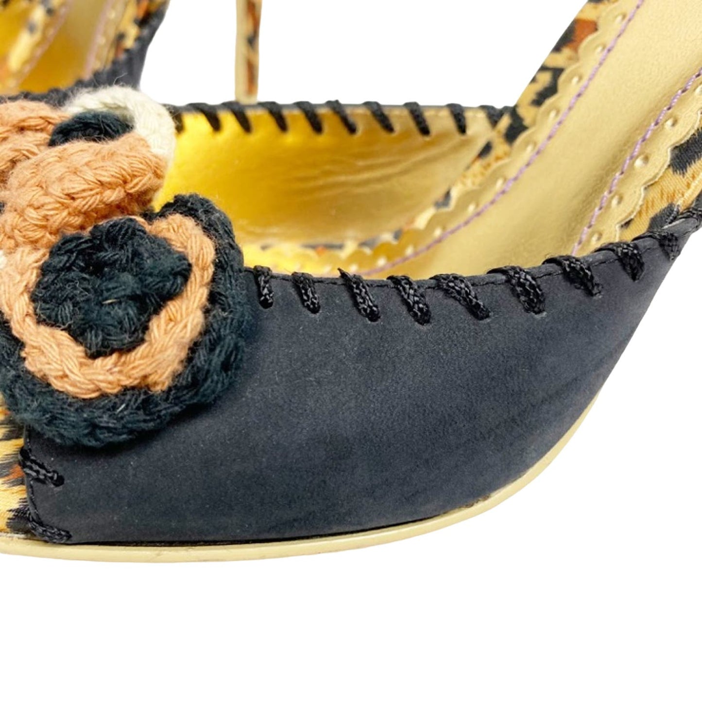 Hale Bob floral & leopard HEELS black brown crochet knit flowers size 7 M shoes