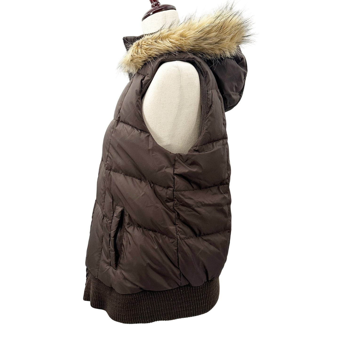 Old Navy Maternity brown puffer VEST faux fur hood size SMALL