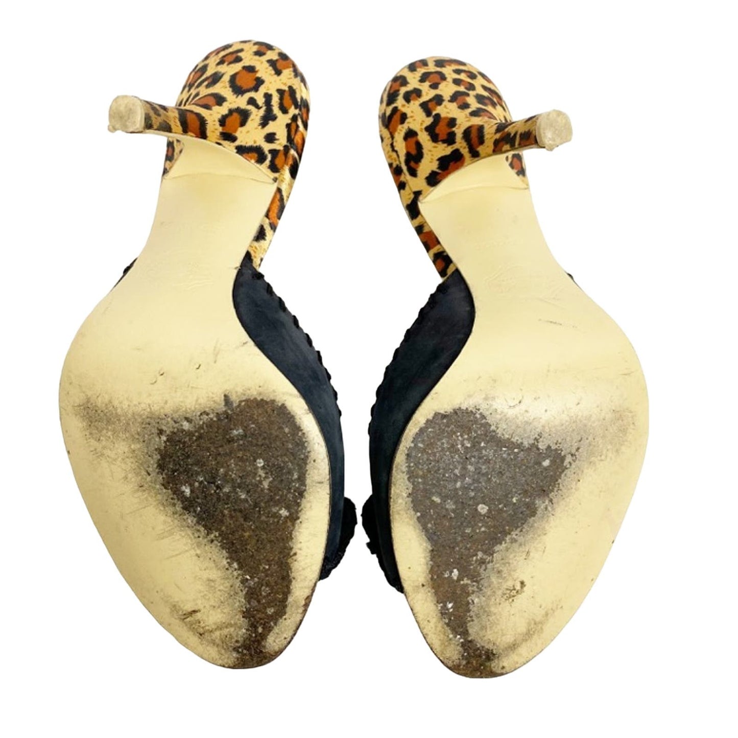 Hale Bob floral & leopard HEELS black brown crochet knit flowers size 7 M shoes